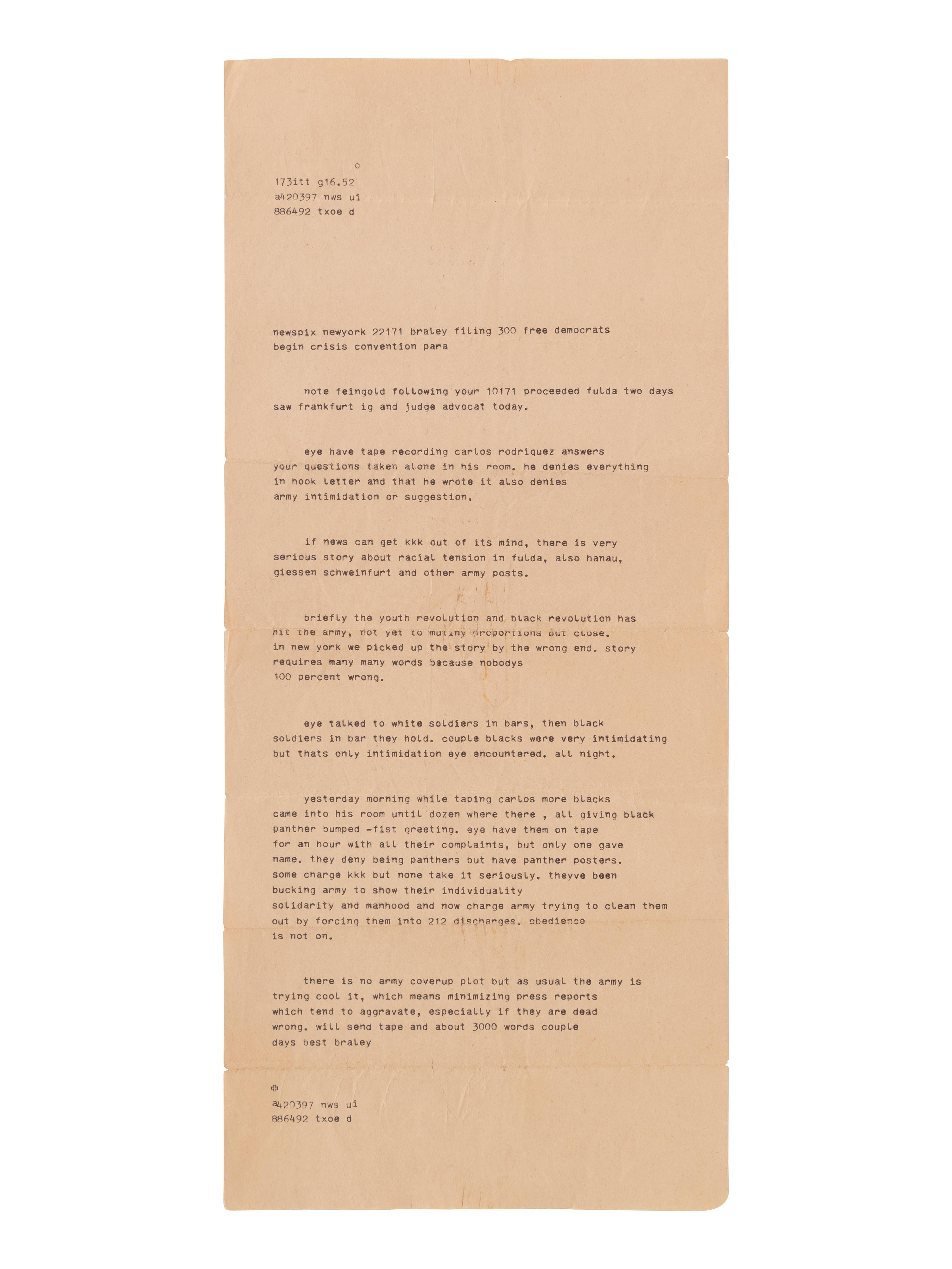 [VIETNAM]. 4 items, incl. typed report from Russell Braley detailing racial tension in the army.