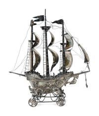 A German Silvered Metal Model of a Three-Masted Ship