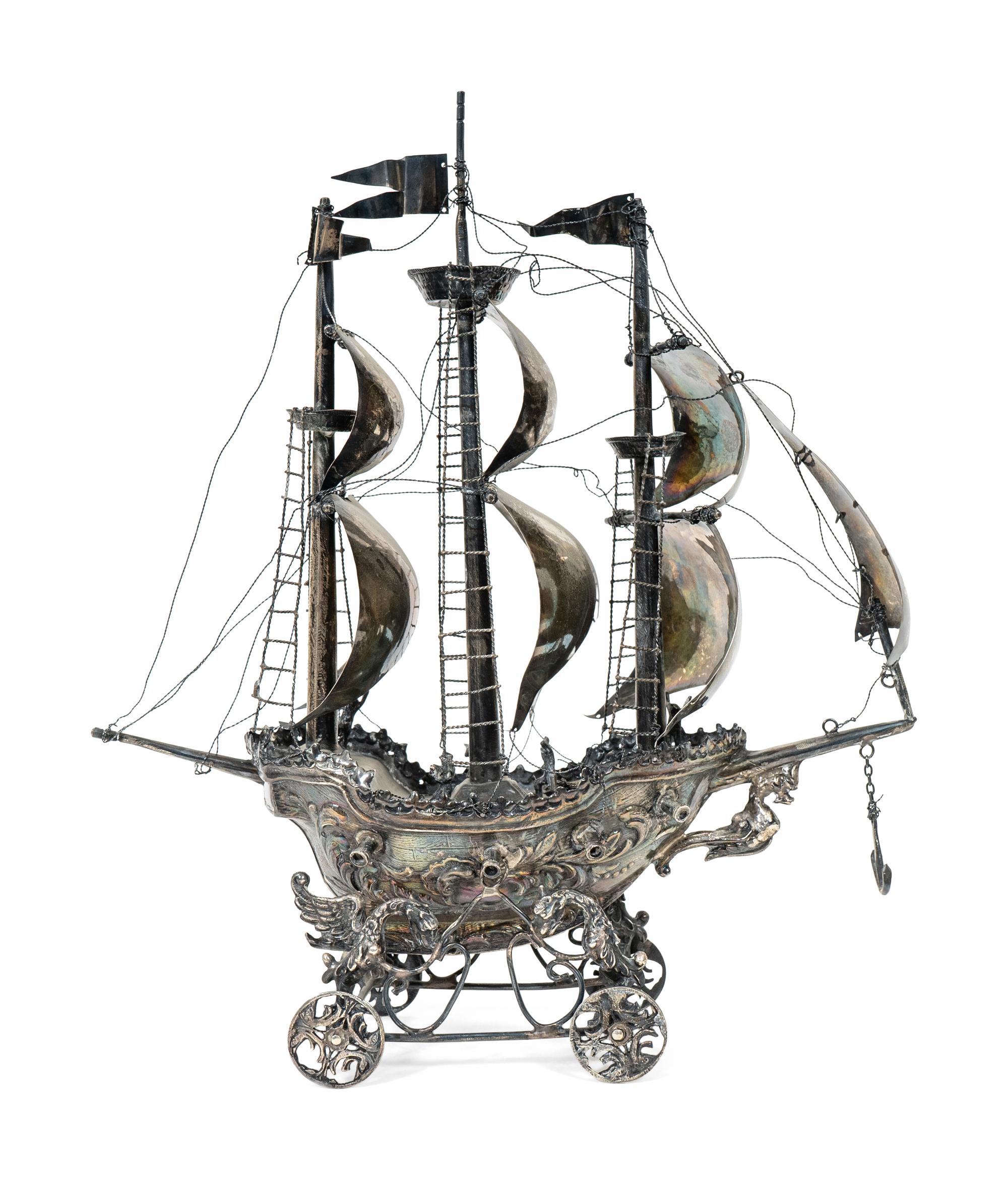 A German Silvered Metal Model of a Three-Masted Ship