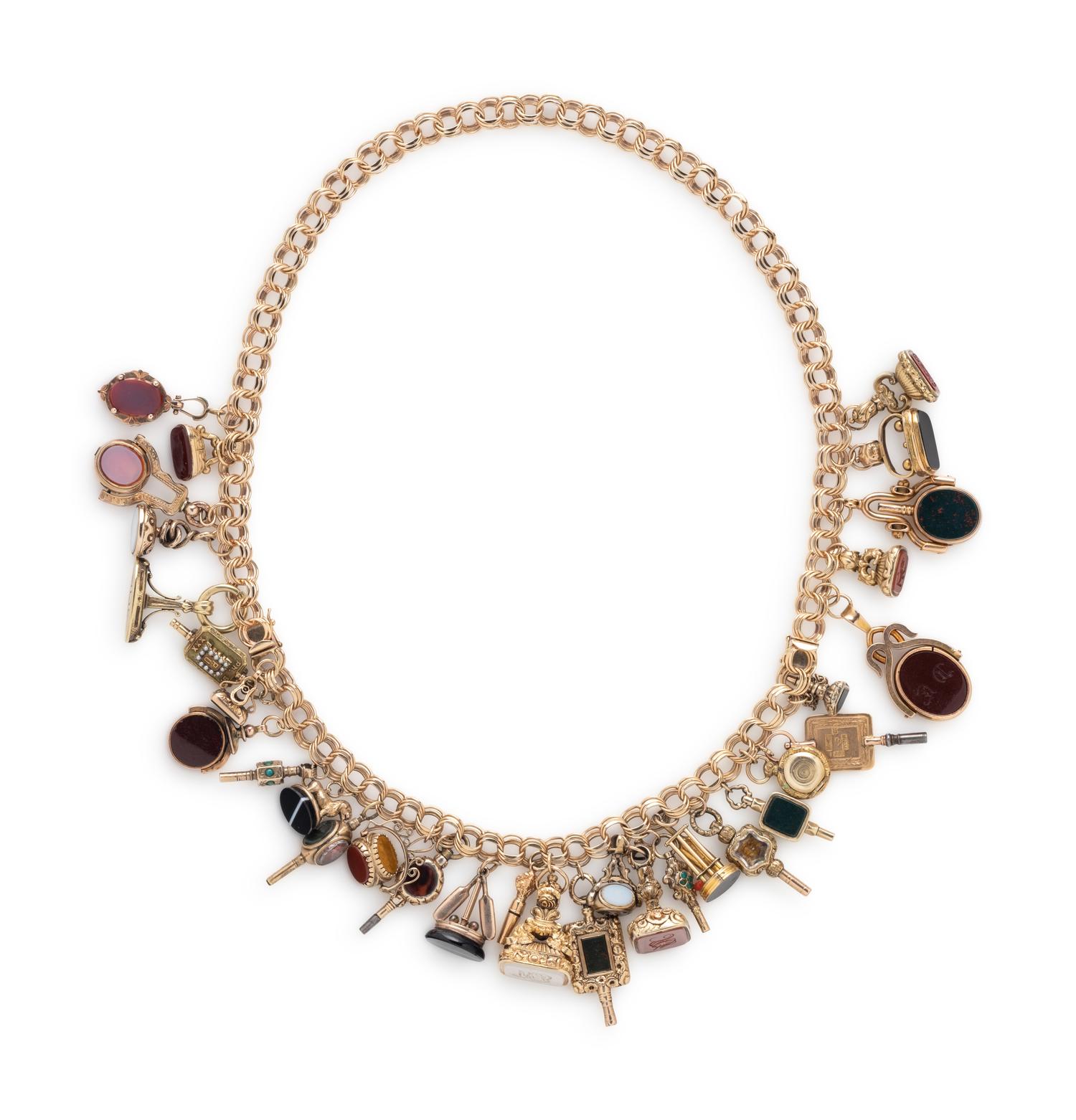 CONVERTIBLE YELLOW GOLD AND FOB CHARM NECKLACE/BRACELET