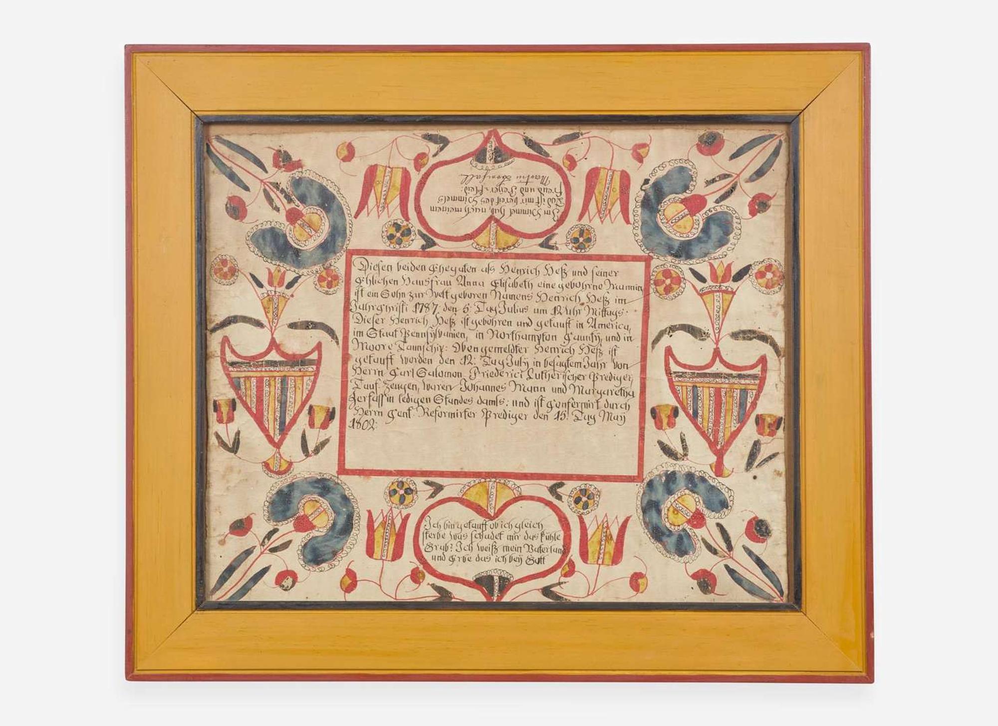 Martin Brechall (c. 1757- 1831), Fraktur: Birth Record for Heinrich Getz, dated "1802"