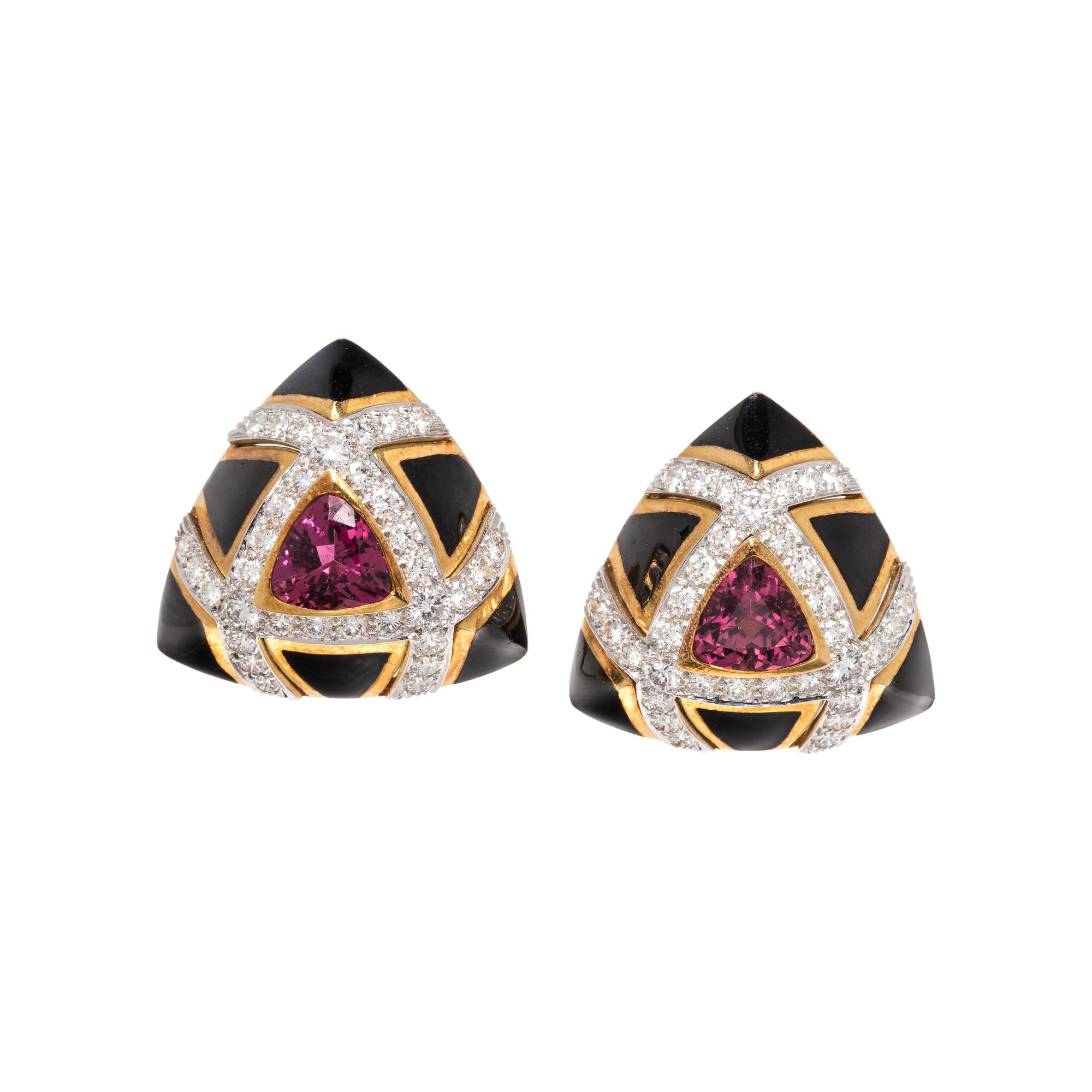 NICHOLAS VARNEY, PINK TOURMALINE, DIAMOND AND ENAMEL EARCLIPS