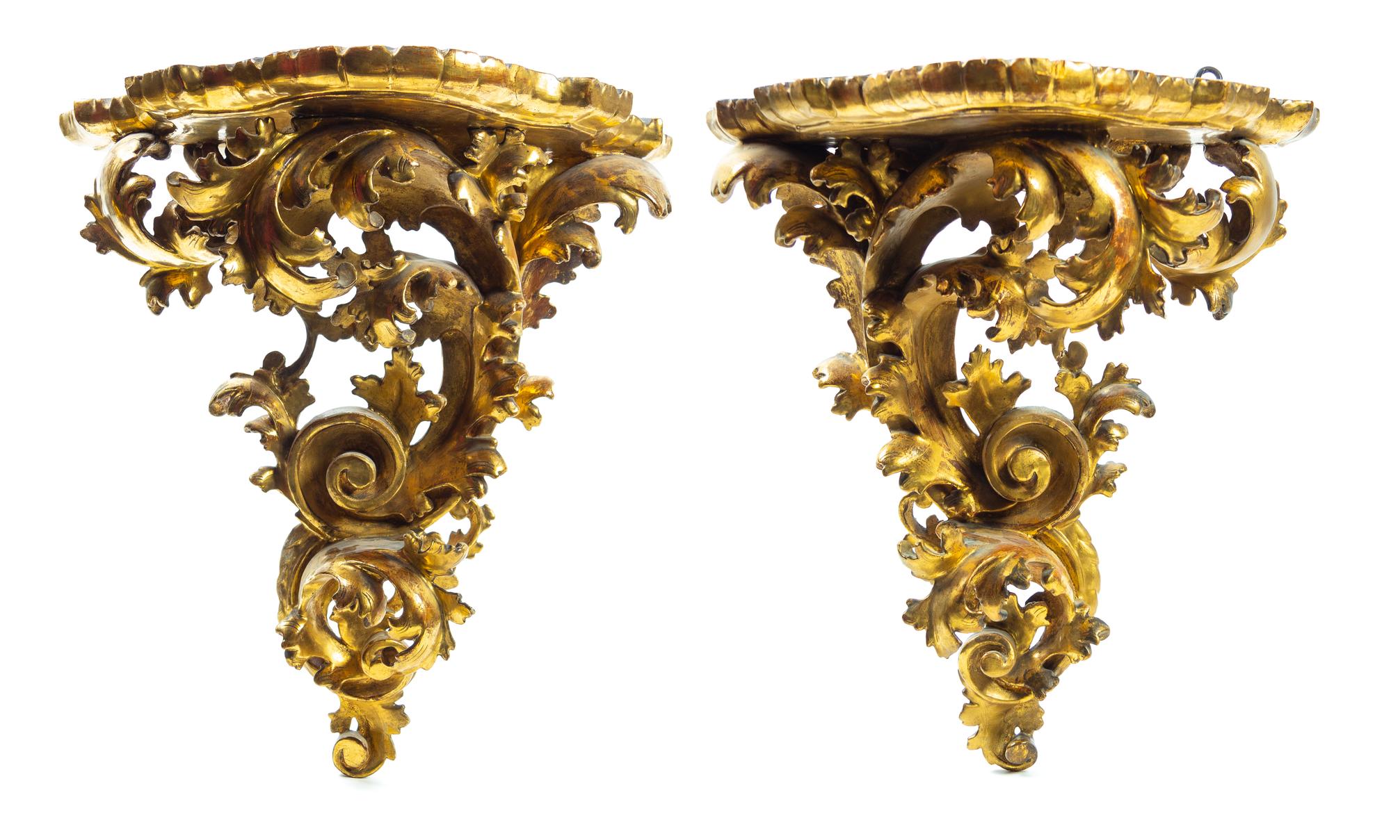 A Pair of Large Italian Giltwood Wall Brackets Height 19 1/2 inches. — 19TH CENTURY