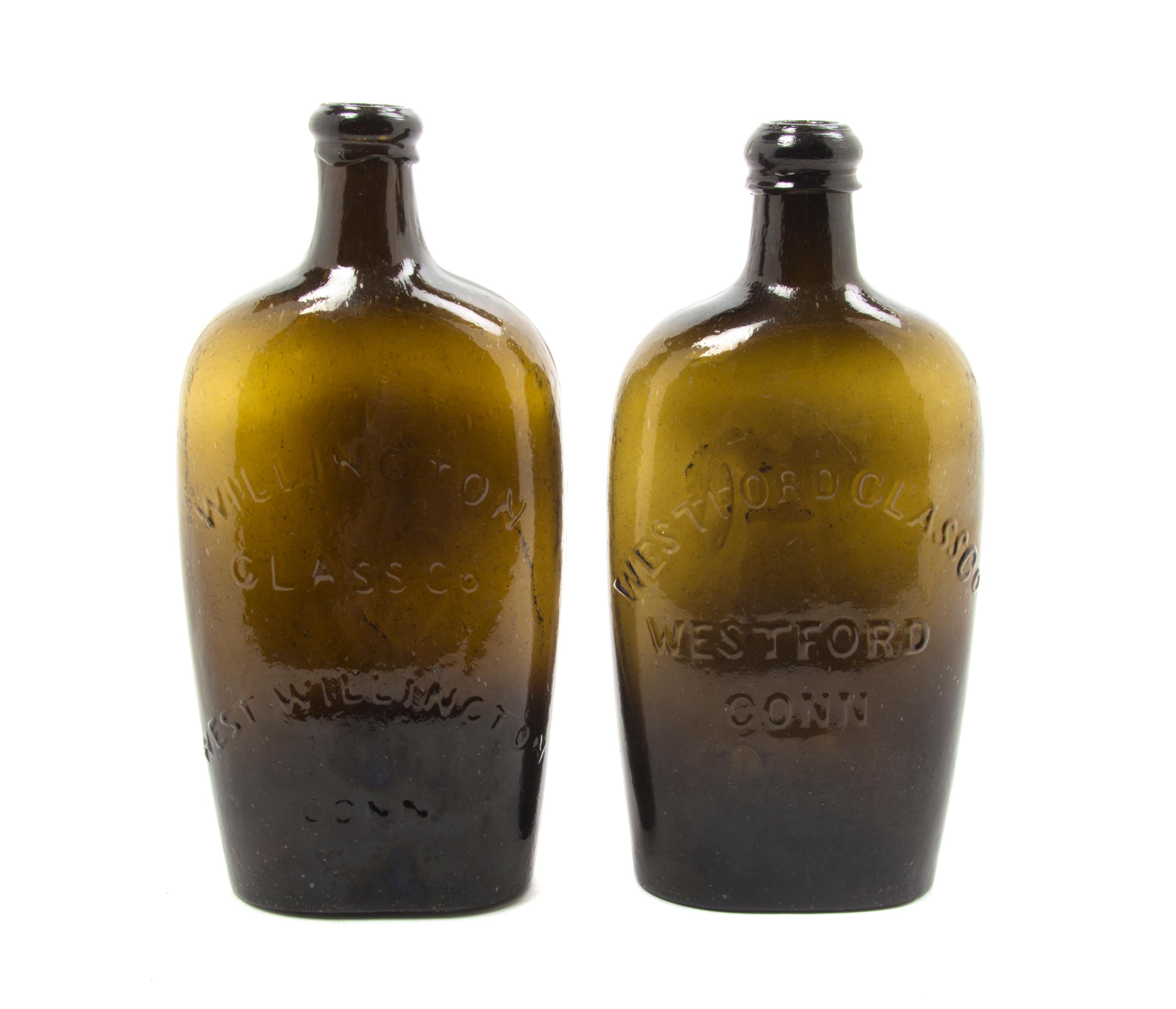 Two American Amber Glass Flasks, Height of taller 8 inches.