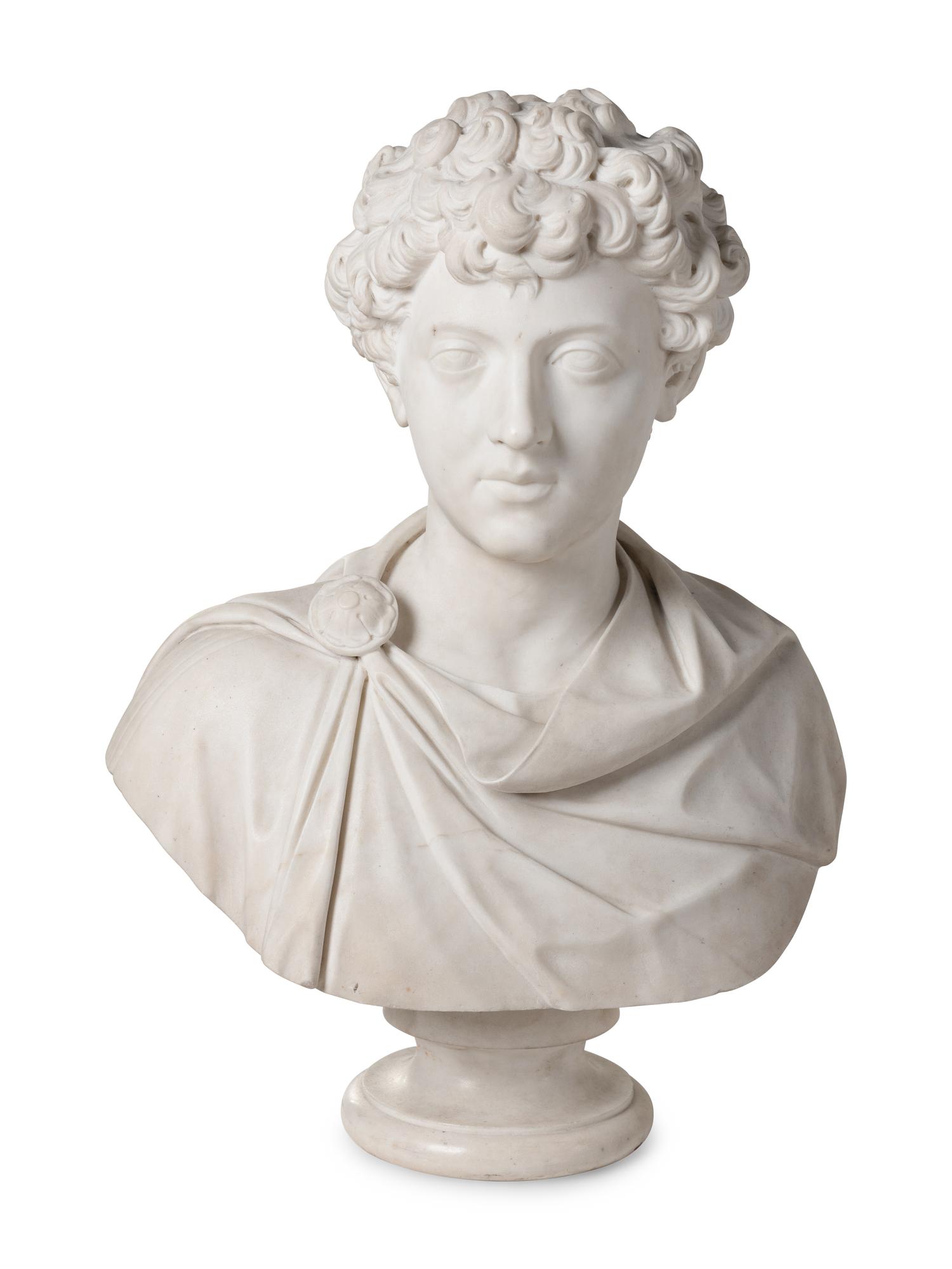 A Continental Carved Marble Bust of Young Marcus Aurelius