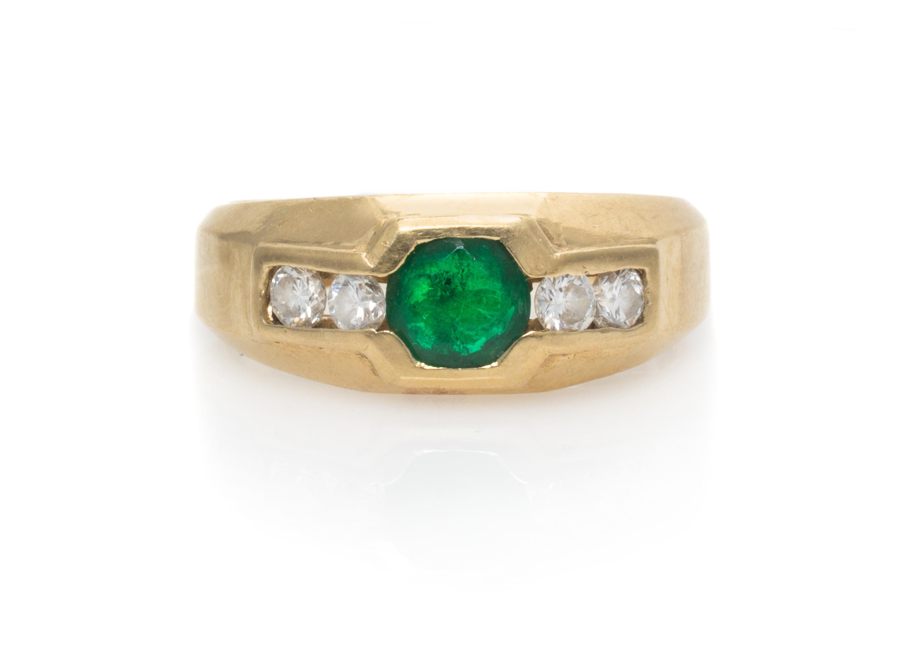A 14 Karat Yellow Gold, Emerald and Diamond Ring, 3.40 dwts.