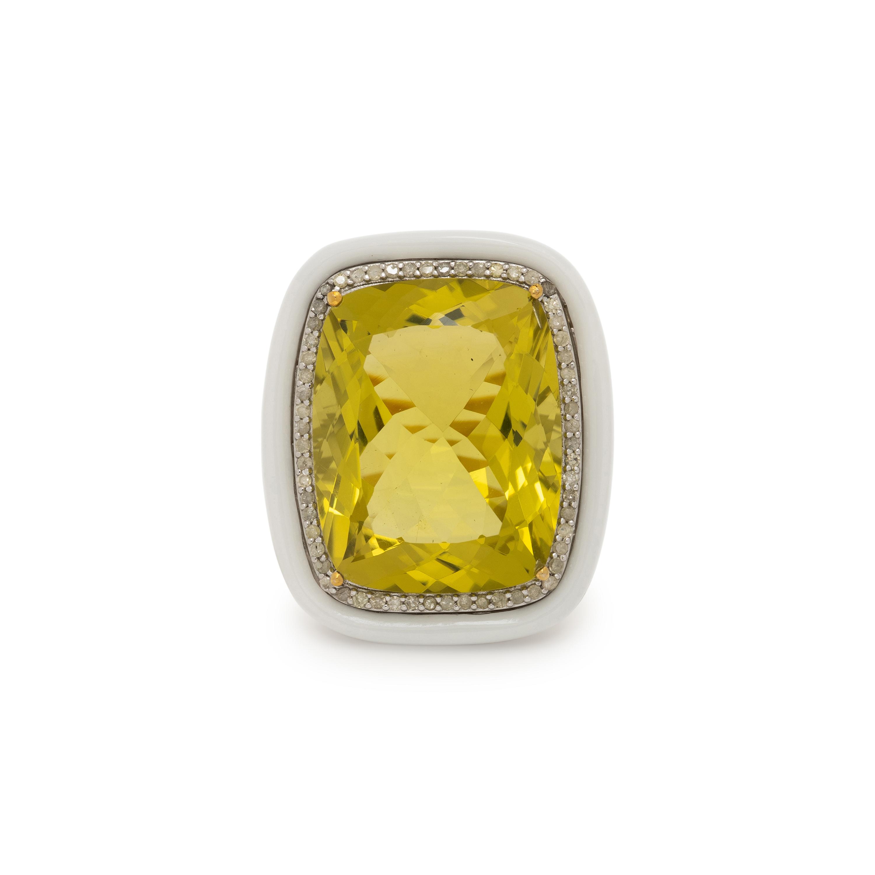 LIME QUARTZ, DIAMOND, AND HARDSTONE RING