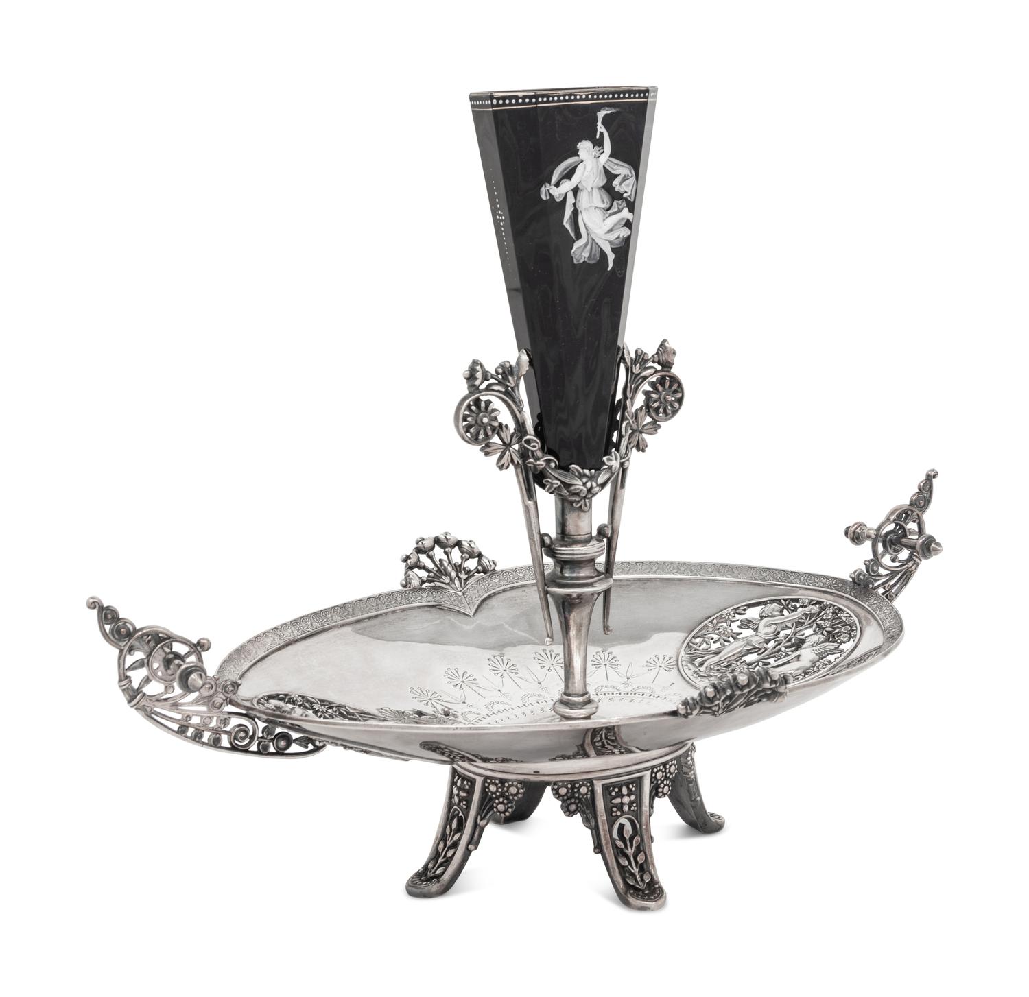 A Victorian Silver-Plate and Enameled Glass Epergne