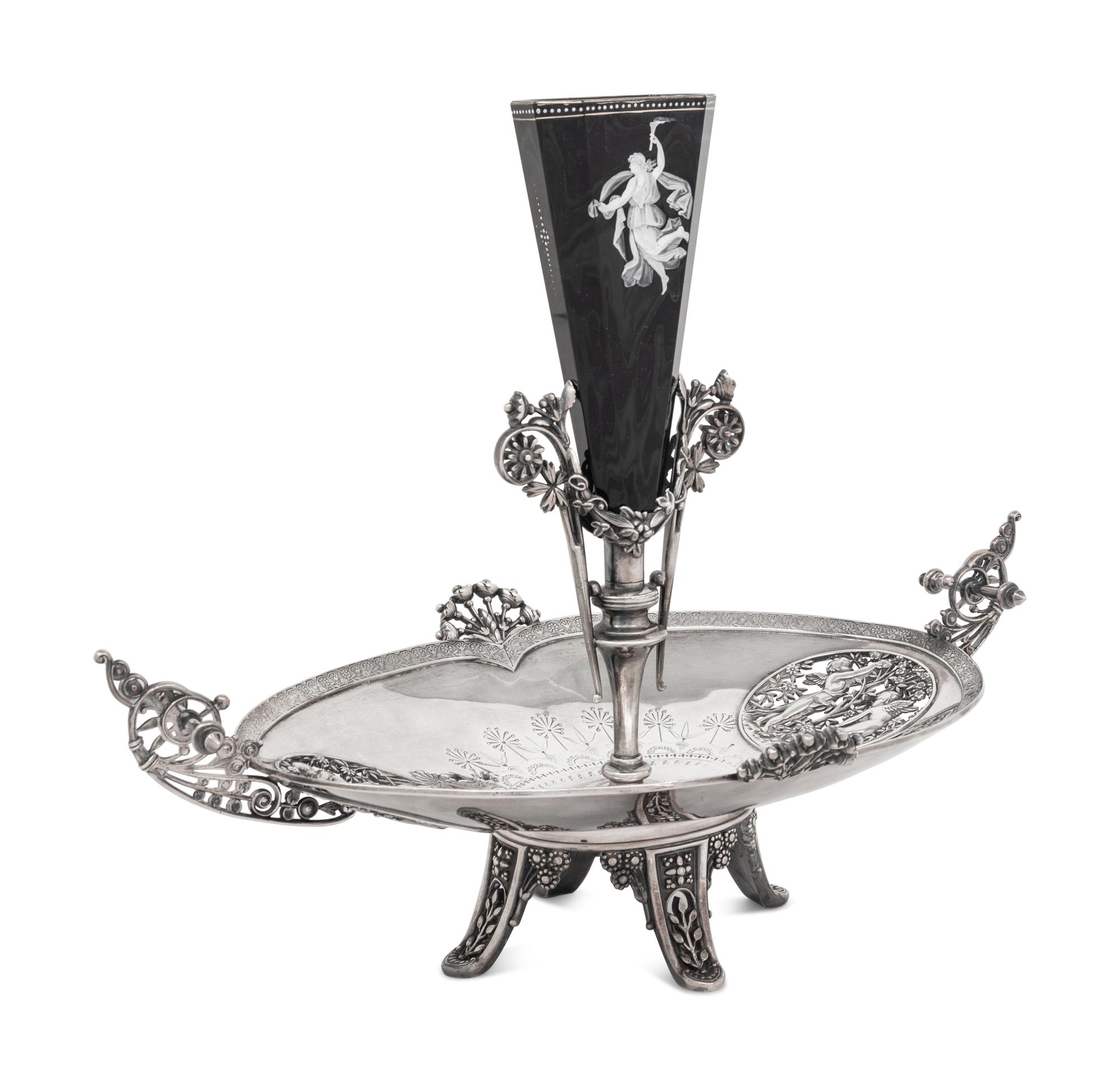 A Victorian Silver-Plate and Enameled Glass Epergne