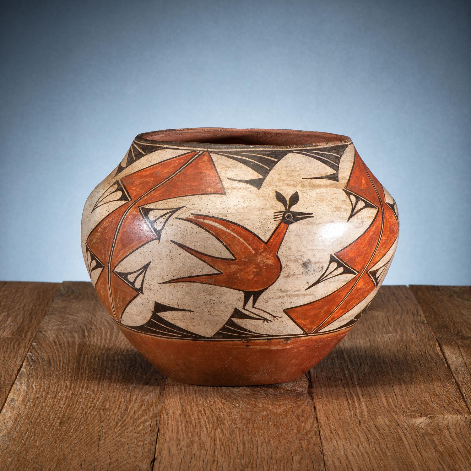 Zia Polychrome Pottery Bowl, with Three Zia Birds