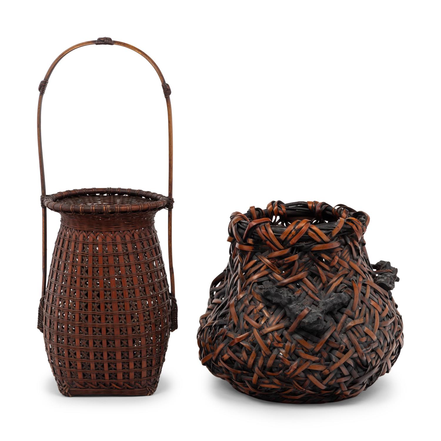 Two Japanese Ikebana Bamboo Flower Arranging Baskets