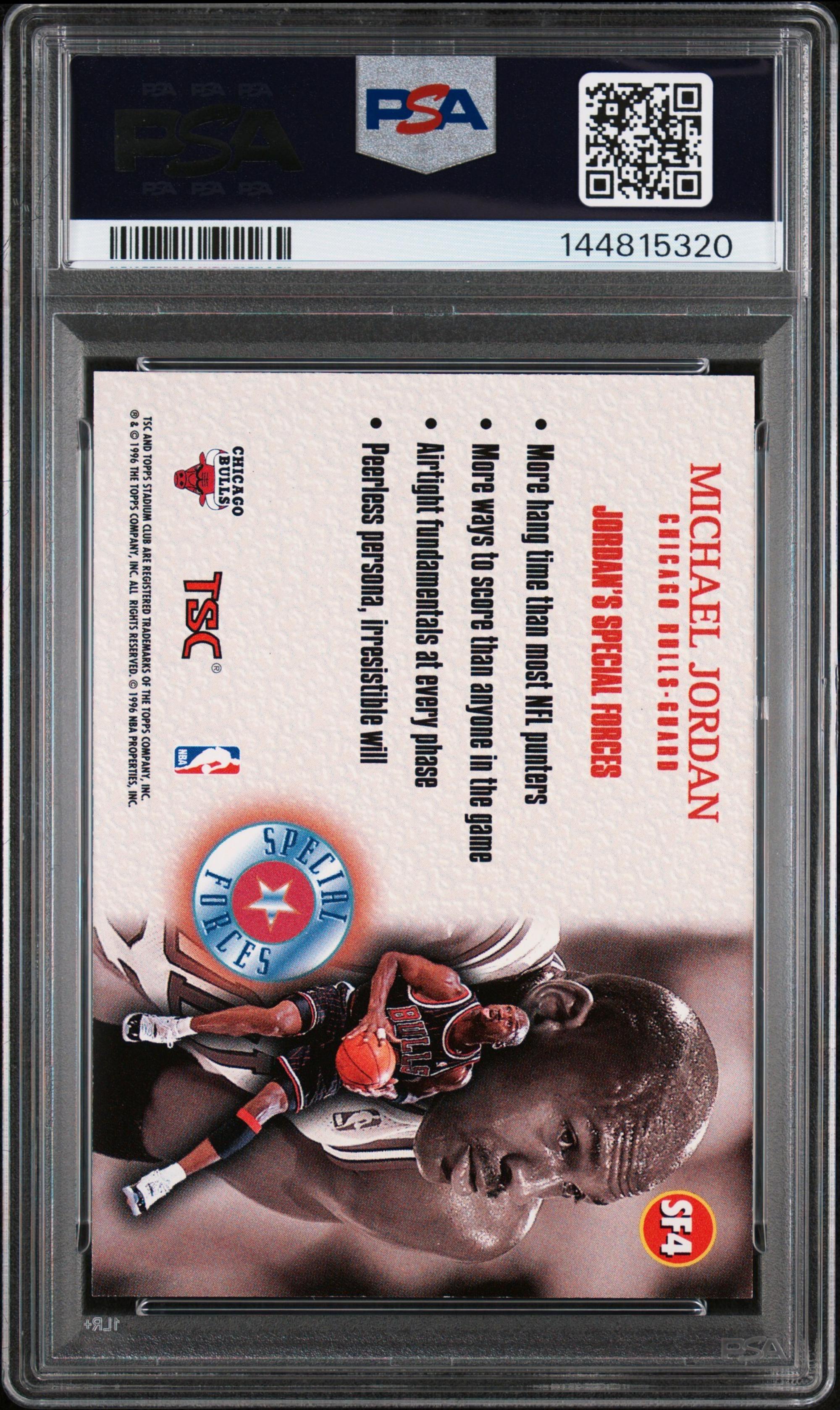 A 1996 Topps Stadium Club Michael Jordan Special Forces Basketball Card No. SF4 (PSA 8 NM-MT)