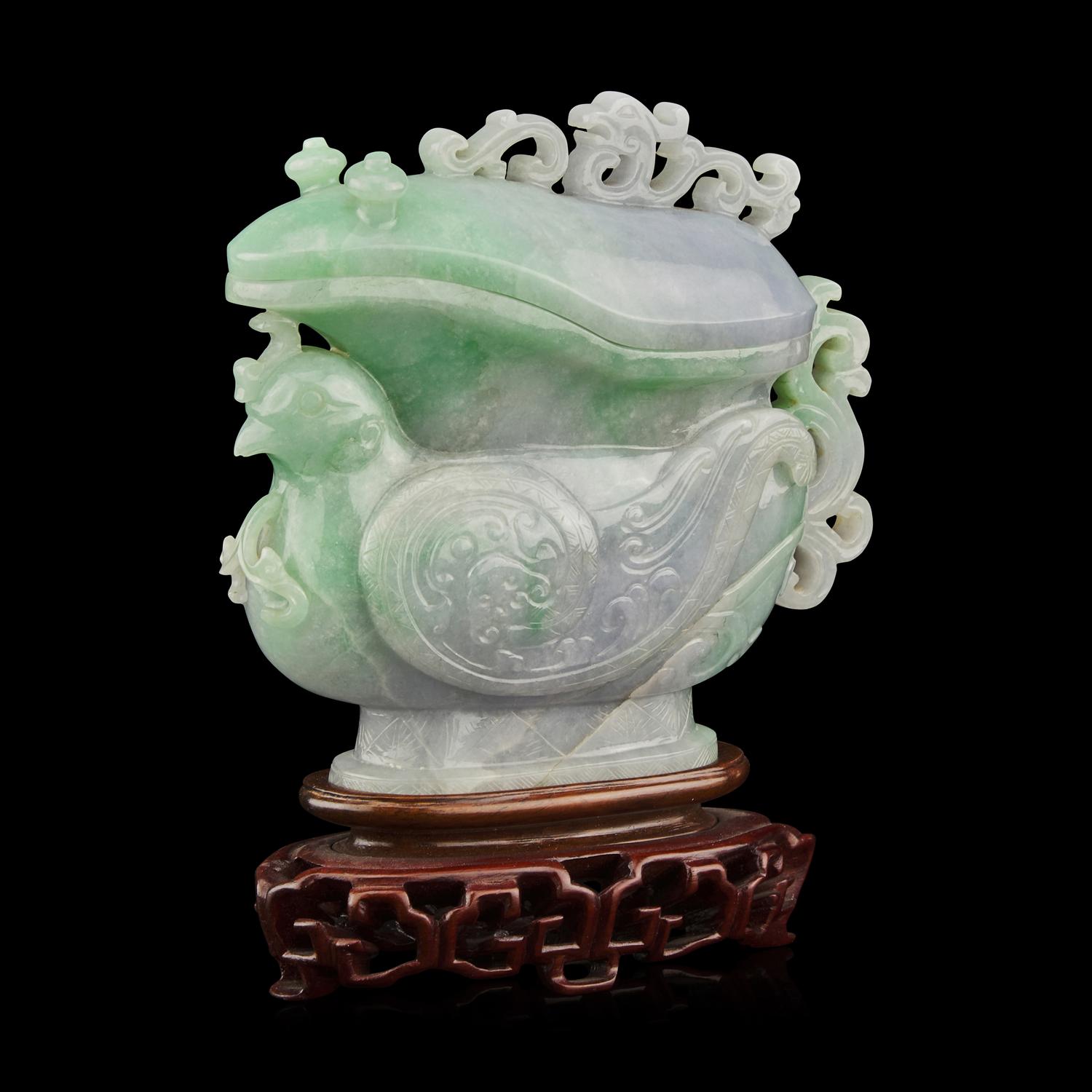 A Chinese Apple Green and Lavender Jadeite 'Phoenix' Covered Gong Vessel, Late 19th-20th Century 晚清-民國 翡翠鳳紋觥