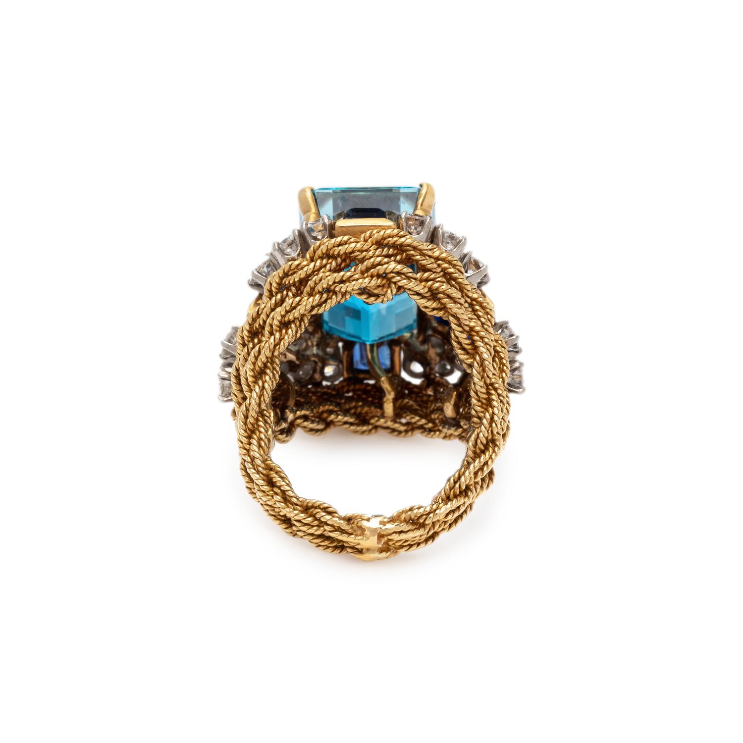 YELLOW GOLD, AQUAMARINE, SAPPHIRE AND DIAMOND RING