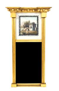 An American Giltwood and Reverse Painted Glass Tablet Mirror, Height overall 25 5/8 inches.