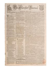 [PRE-REVOLUTIONARY WAR]. The Glocester Journal . Vol. XLV, No. 2306. Gloucester, England: R. Raikes, 4 August 1766.
