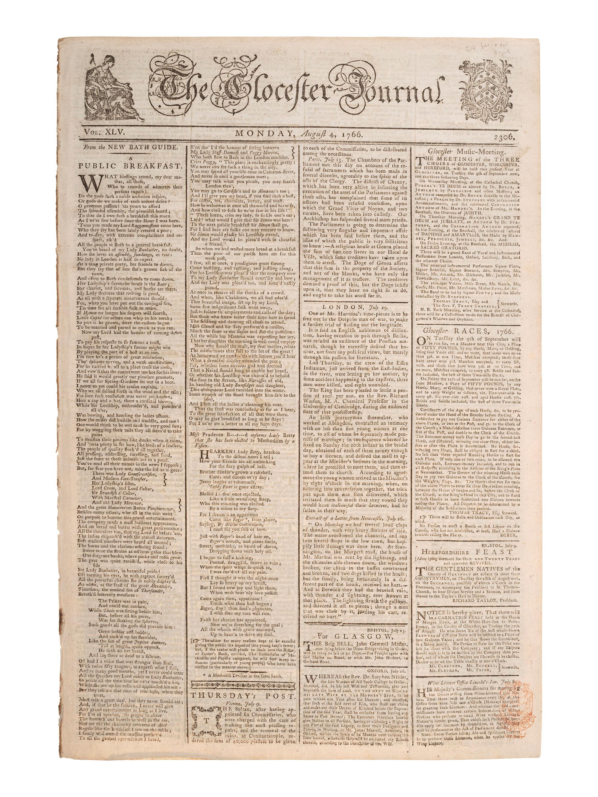 [PRE-REVOLUTIONARY WAR]. The Glocester Journal . Vol. XLV, No. 2306. Gloucester, England: R. Raikes, 4 August 1766.