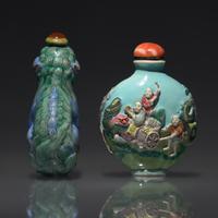 Two Chinese Molded Porcelain Snuff Bottles, Qing dynasty, Late 18th to 19th century — 清中期 粉彩模製鼻煙壺兩支