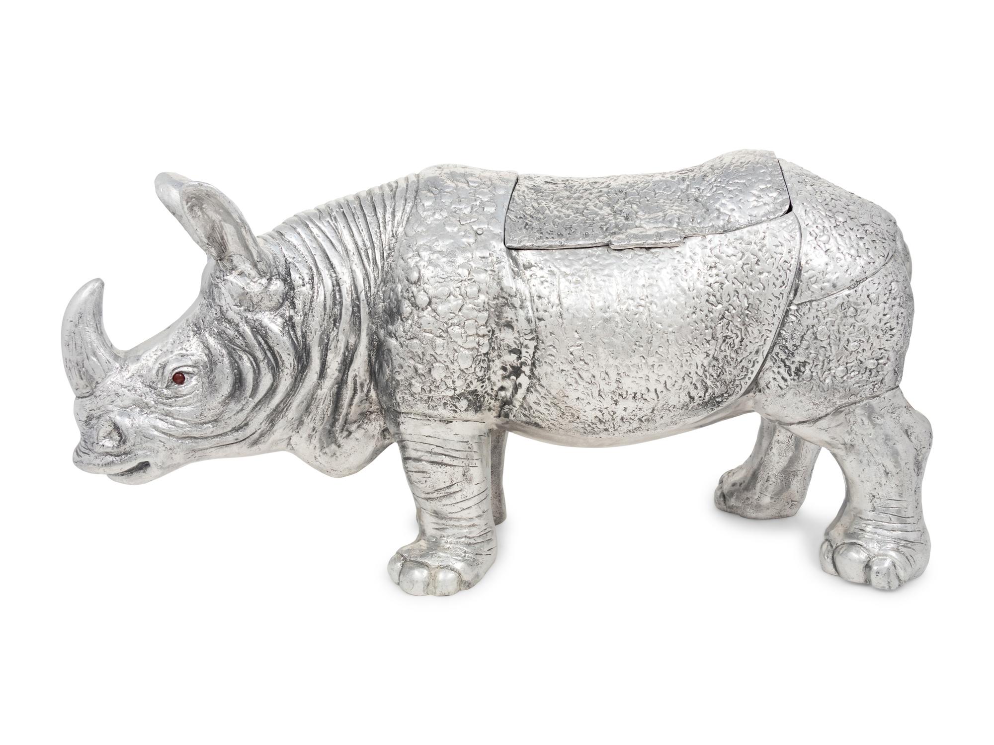 A Large Silvered Metal Rhinoceros-Form Wine Cooler