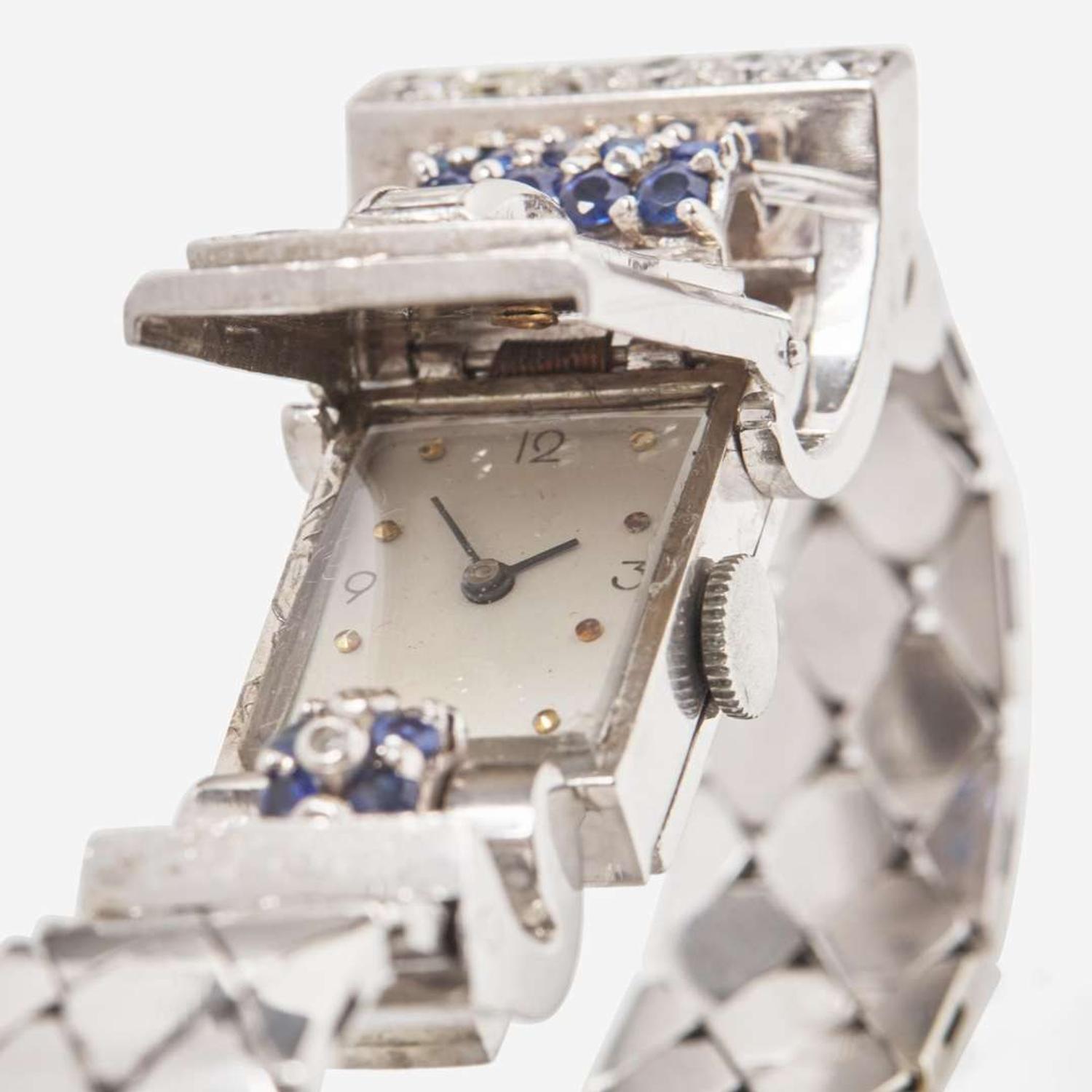 A Retro 14K White Gold, Diamond, and Sapphire Watch