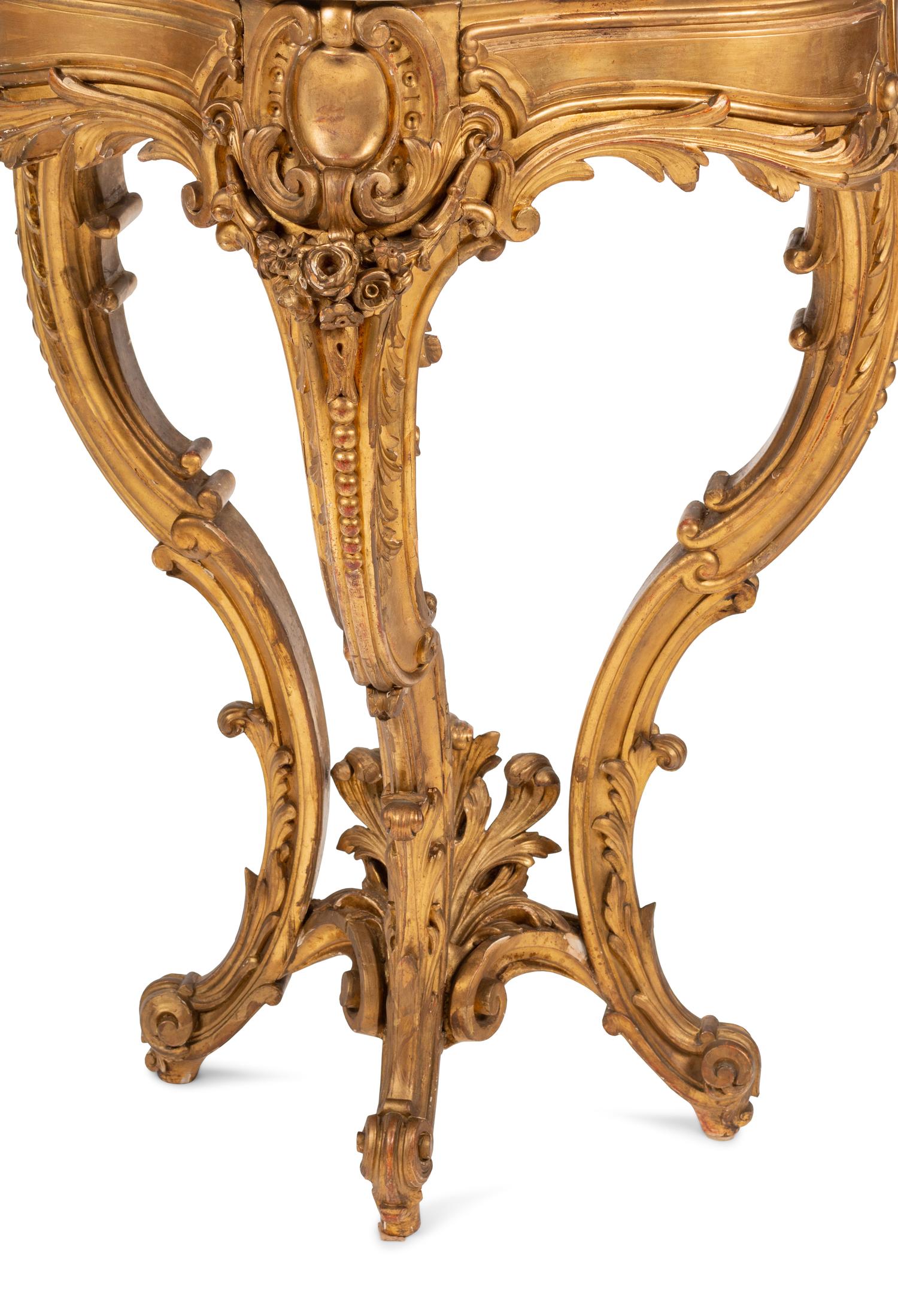 A Pair of Louis XV Style Giltwood Marble-Top Console Tables