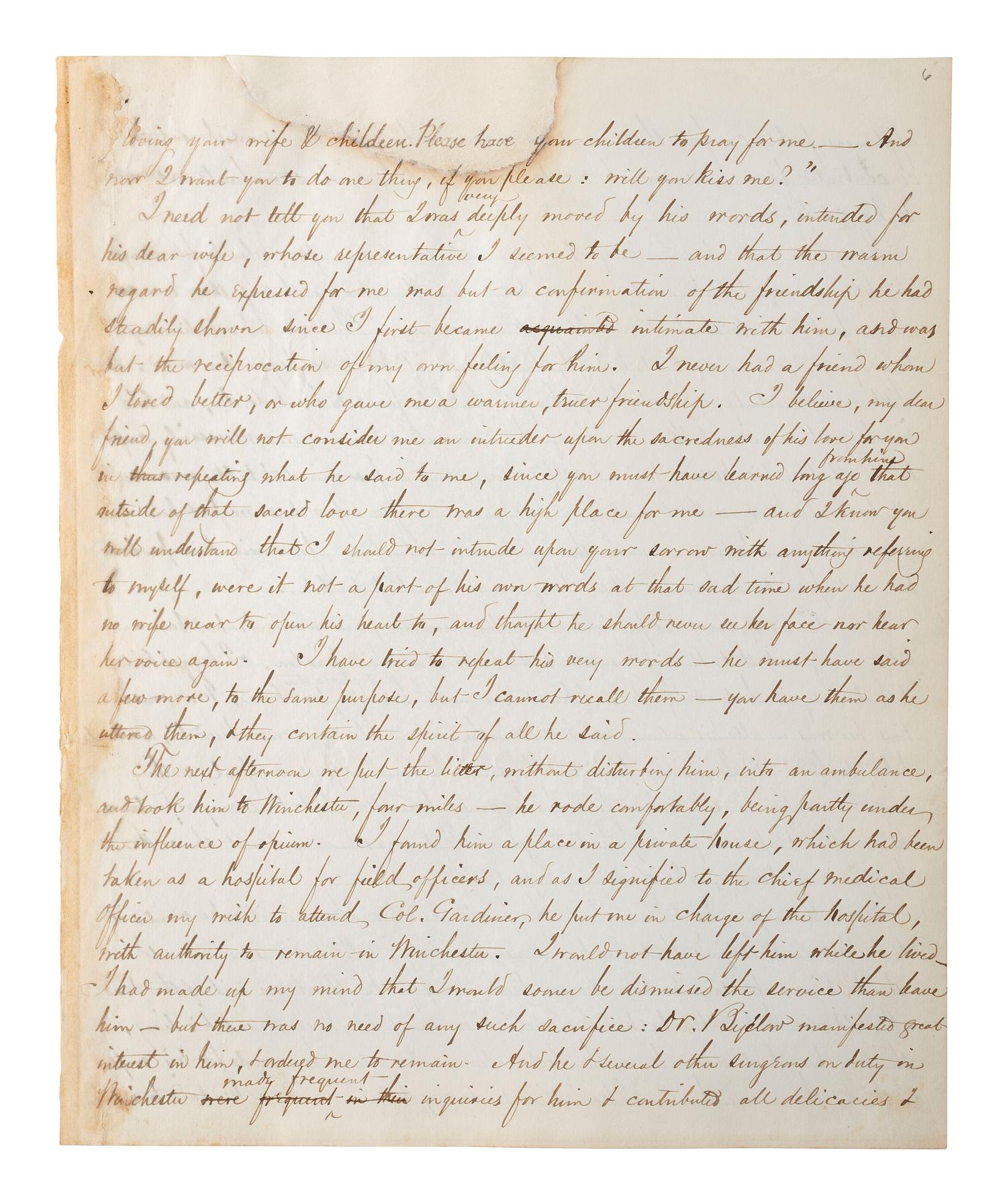 [CIVIL WAR]. THAYER, William Henry. Autograph letter signed ("Wm. Henry Thayer") as regimental surgeon, 14th New Hampshire Infantry, describing the wounding, treatment, and death of his fellow soldier Colonel Alexander Gardiner who was mortally injured at the Battle of Opequan. Winchester, VA, 9 October 1864.