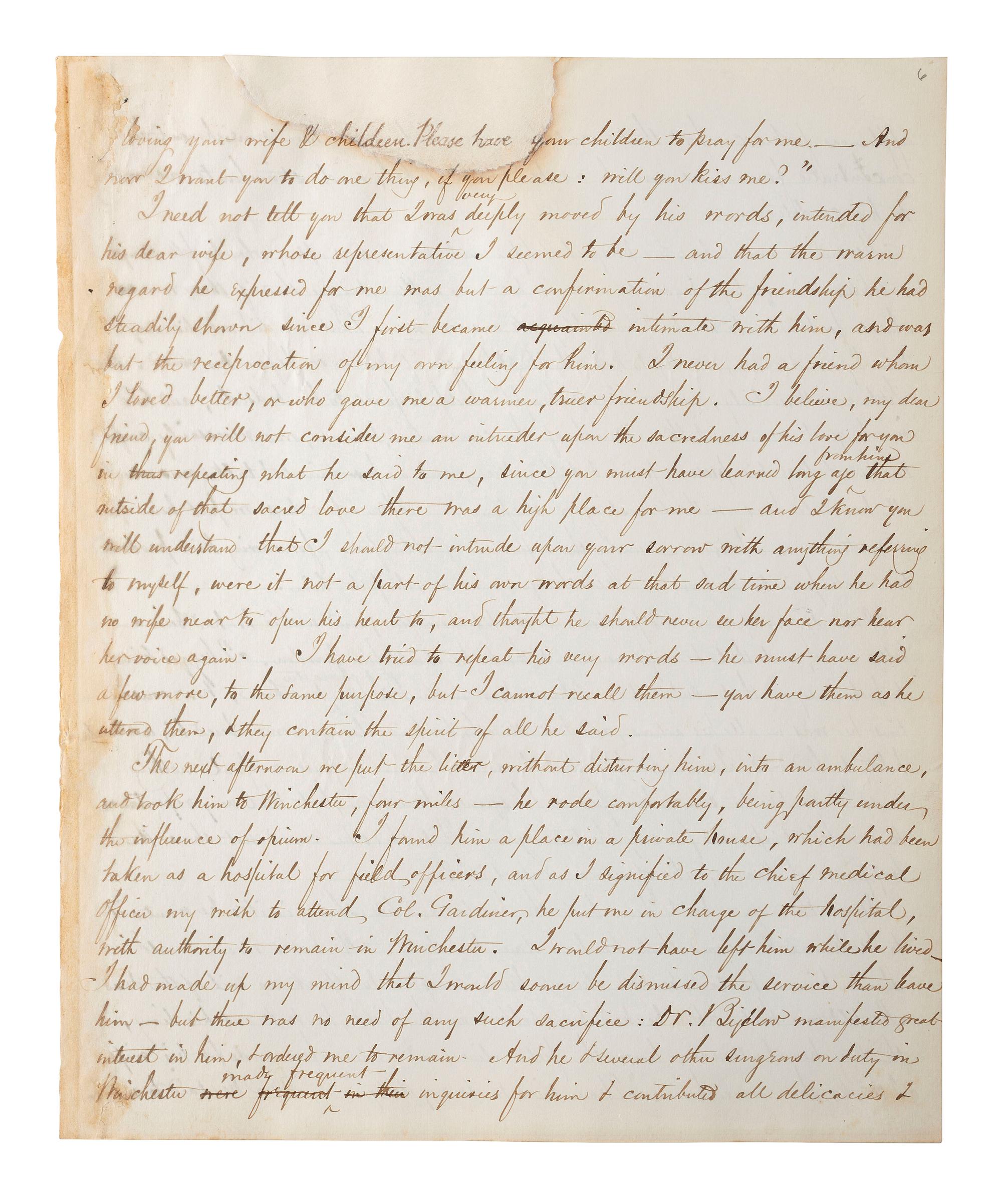 [CIVIL WAR]. THAYER, William Henry. Autograph letter signed ("Wm. Henry Thayer") as regimental surgeon, 14th New Hampshire Infantry, describing the wounding, treatment, and death of his fellow soldier Colonel Alexander Gardiner who was mortally injured at the Battle of Opequan. Winchester, VA, 9 October 1864.