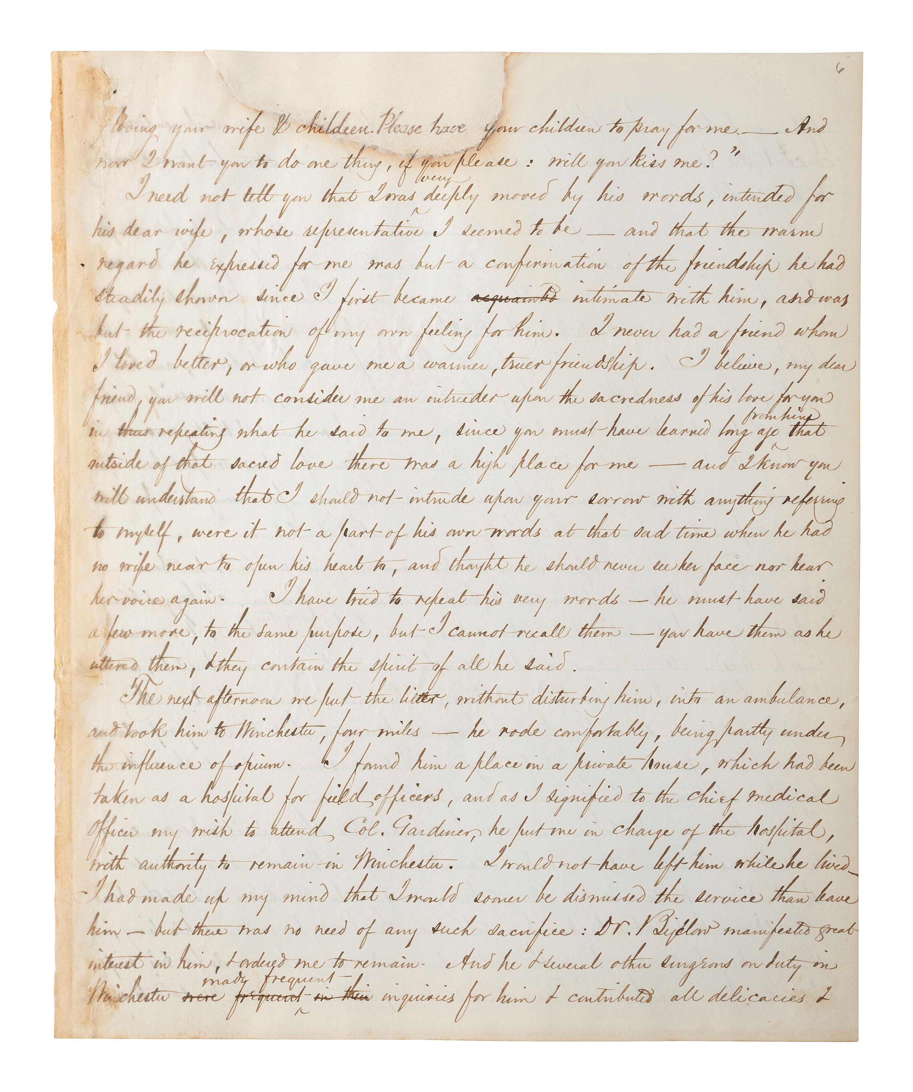 [CIVIL WAR]. THAYER, William Henry. Autograph letter signed ("Wm. Henry Thayer") as regimental surgeon, 14th New Hampshire Infantry, describing the wounding, treatment, and death of his fellow soldier Colonel Alexander Gardiner who was mortally injured at the Battle of Opequan. Winchester, VA, 9 October 1864.