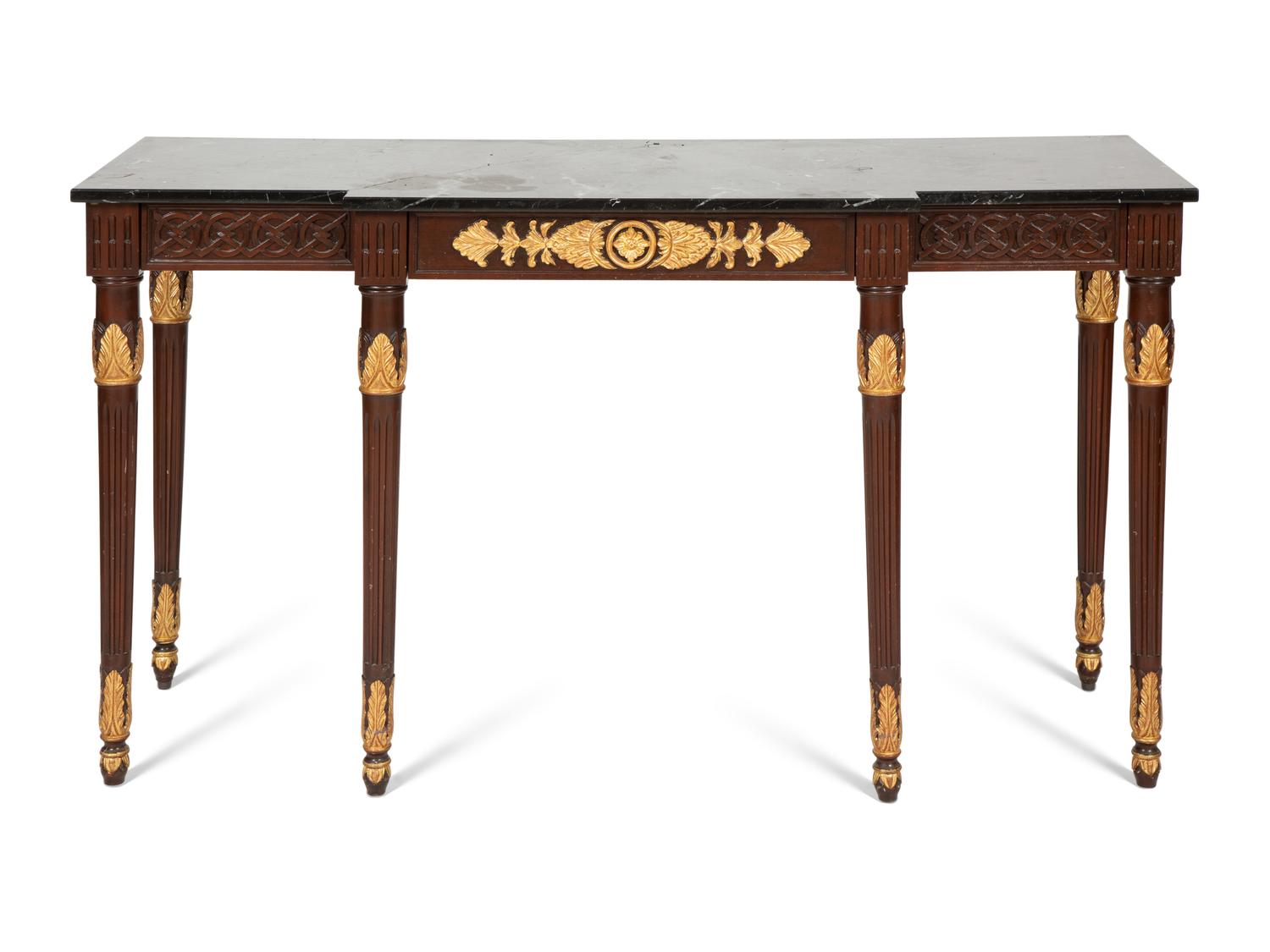 A Louis XVI Style Parcel Gilt Mahogany Marble-Top Console Table