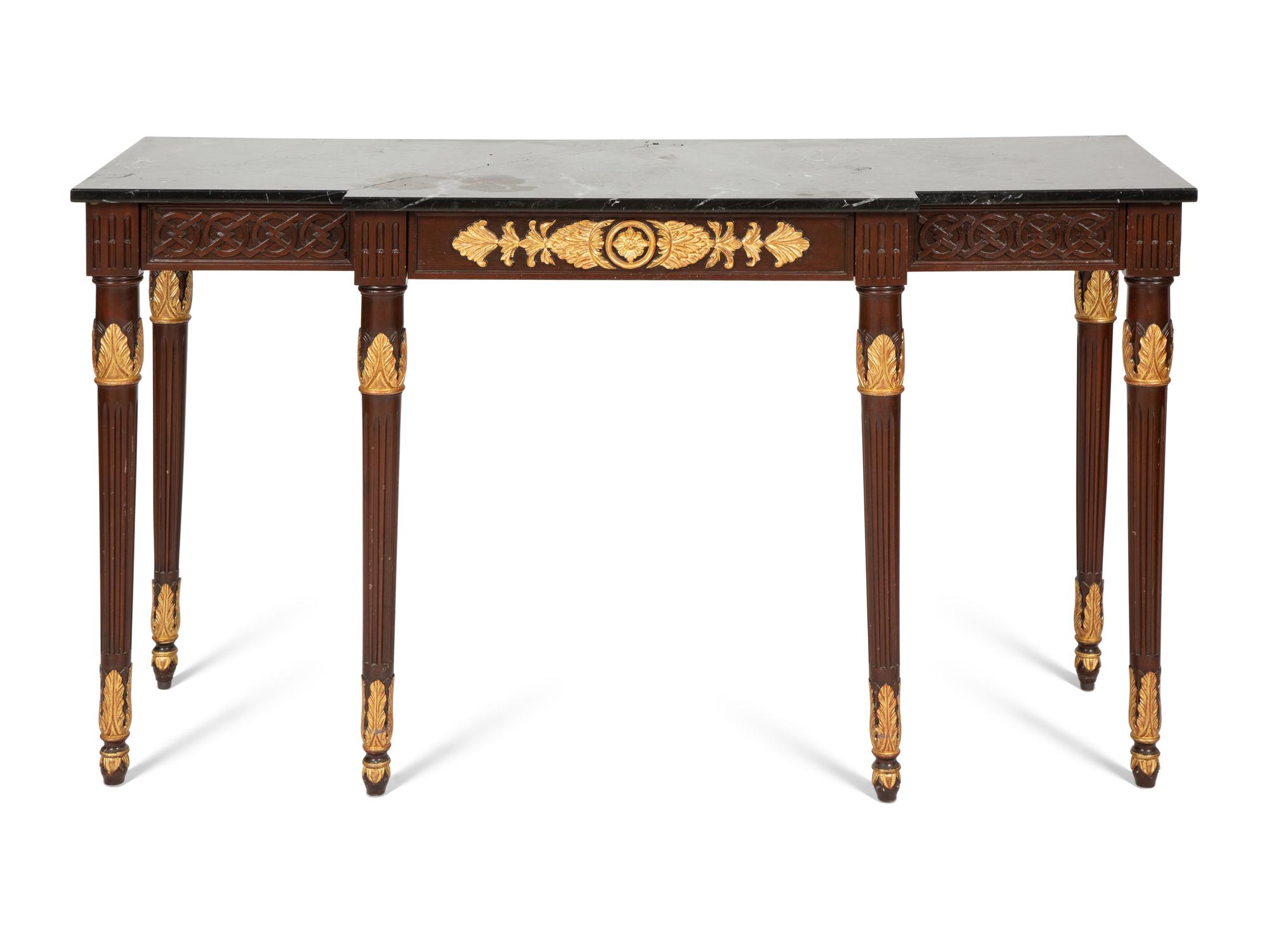 A Louis XVI Style Parcel Gilt Mahogany Marble-Top Console Table
