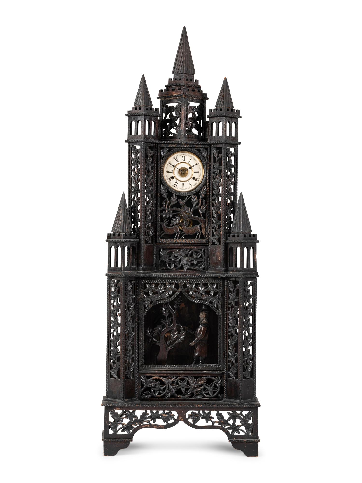 A Large Fretwork Folk Art Steeple Clock