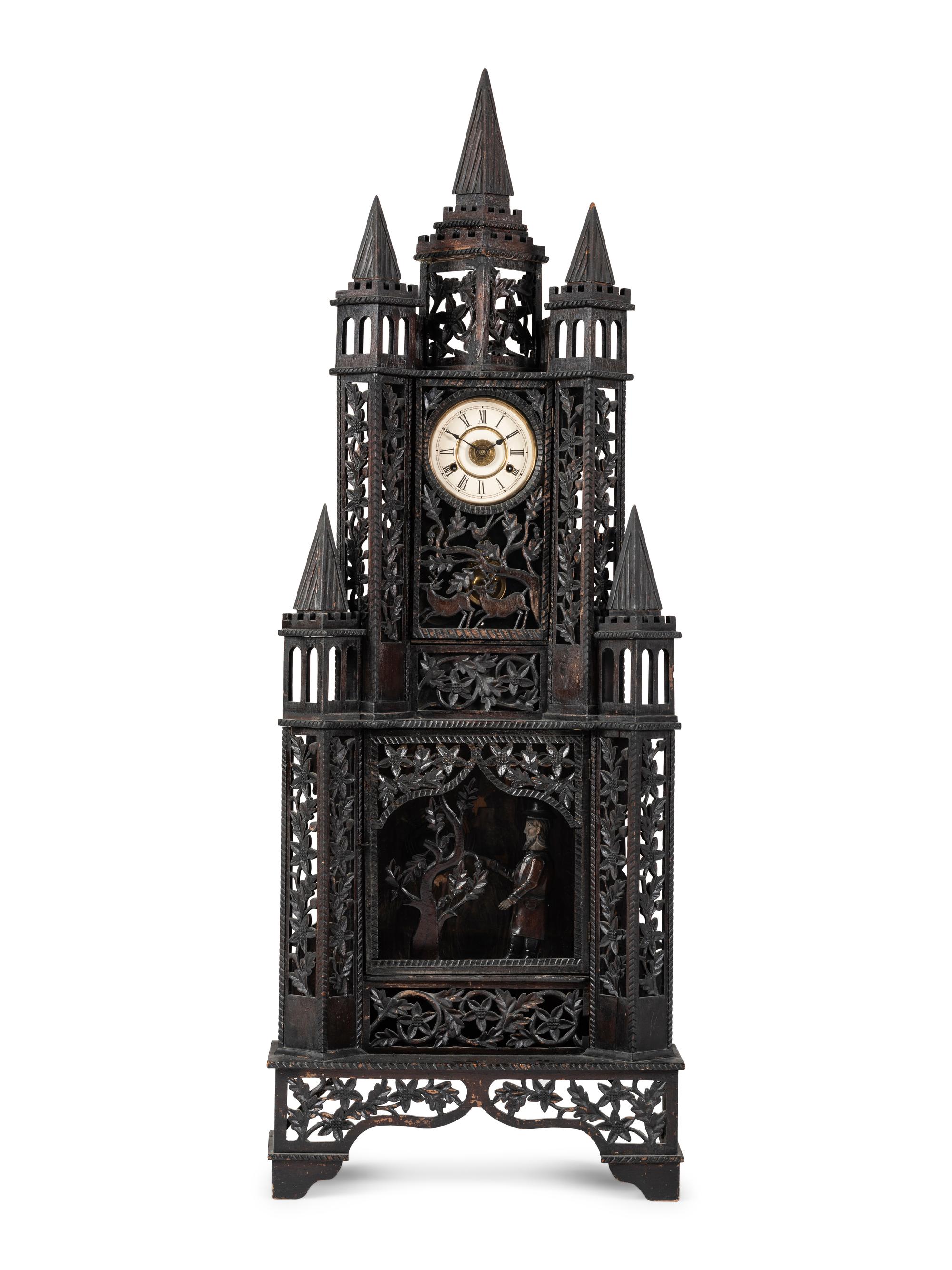 A Large Fretwork Folk Art Steeple Clock