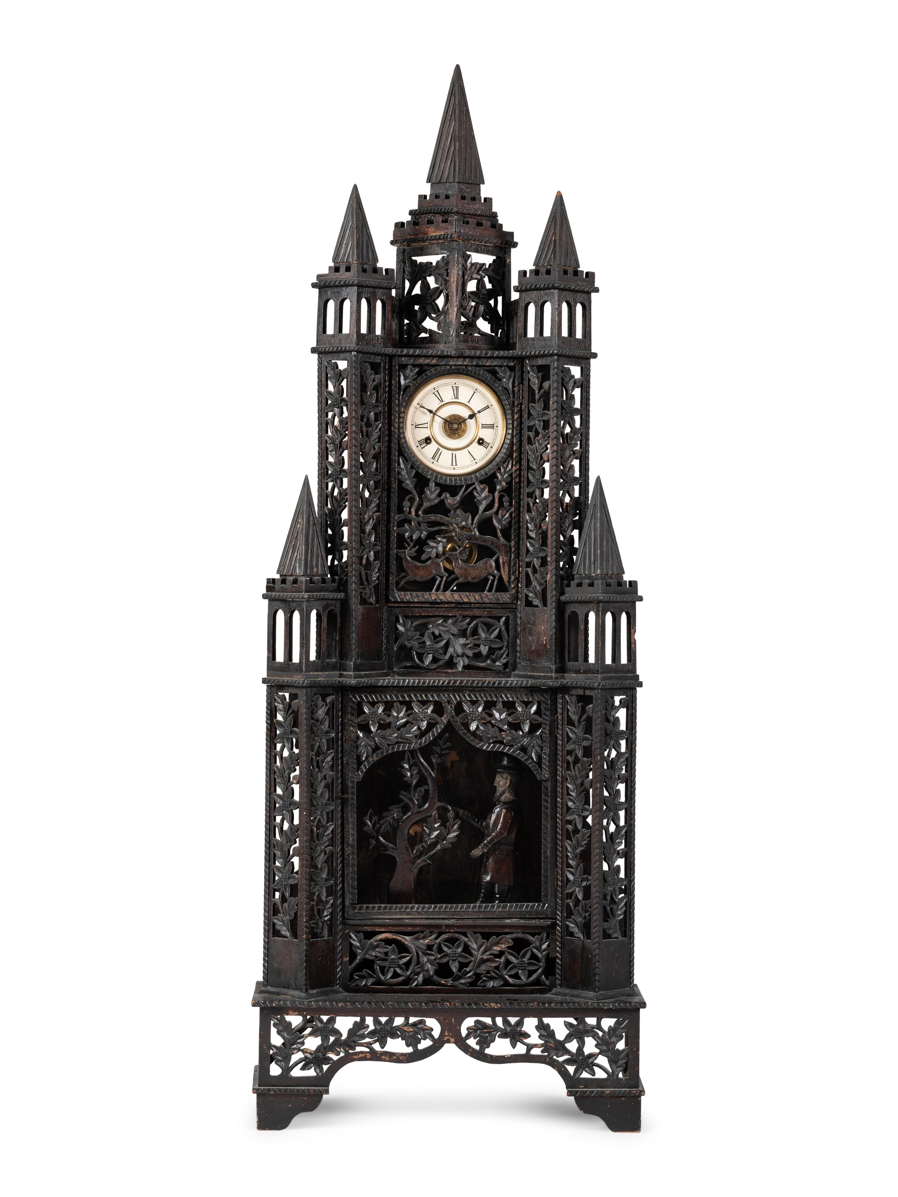A Large Fretwork Folk Art Steeple Clock