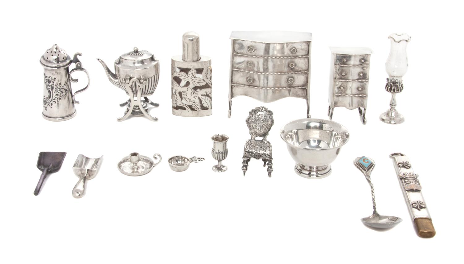 A Collection of Miniature Silver and Silvered Metal Articles, Various Makers, Primarily 19th Century, including a "Revere" bowl, a cham