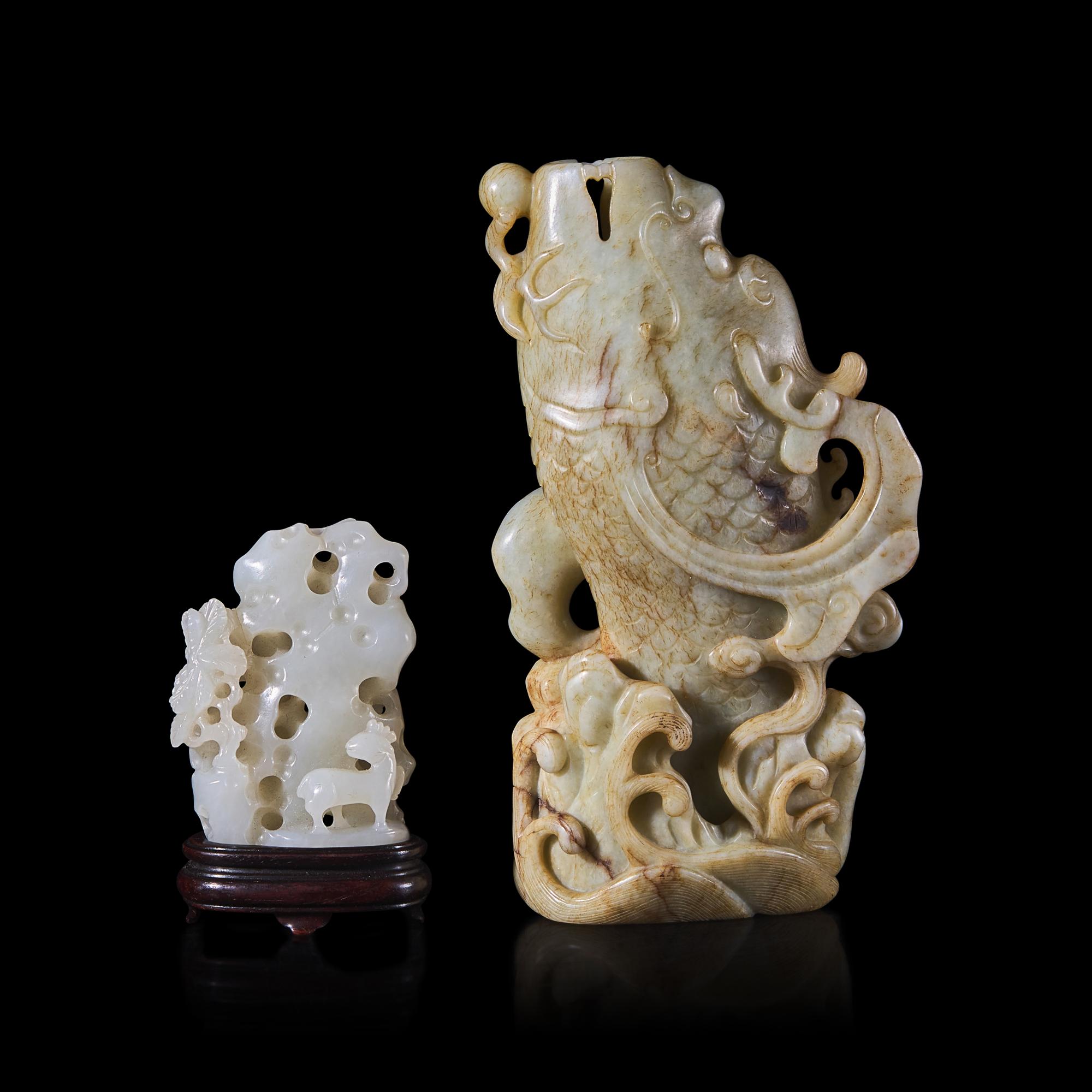 Two Chinese Jade Carvings, Qing Dynasty and Later 清-近代 青白玉雕鯉魚化龍花瓶及白玉山子各一