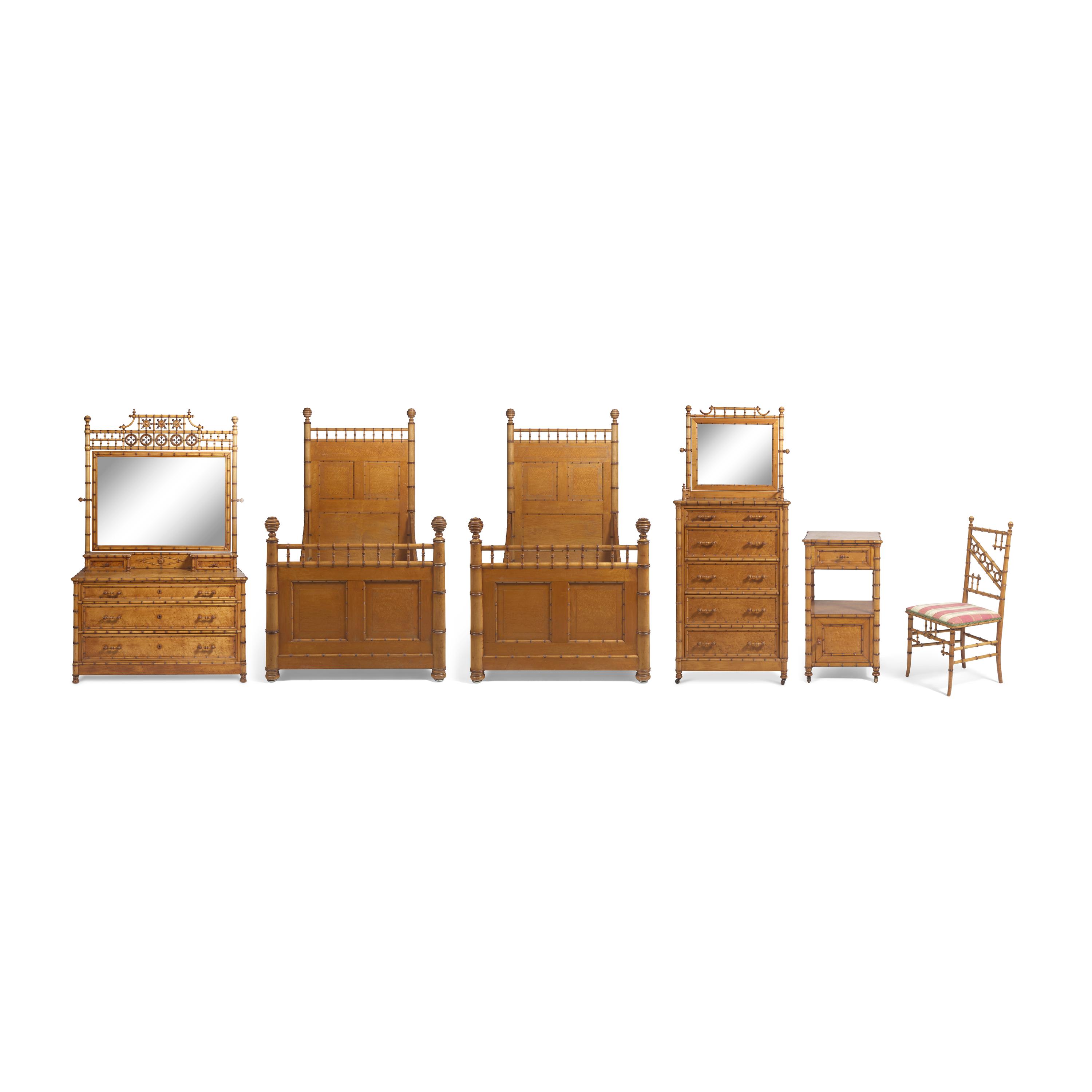 A Carved Bamboo and Bird's Eye Maple Bedroom Suite