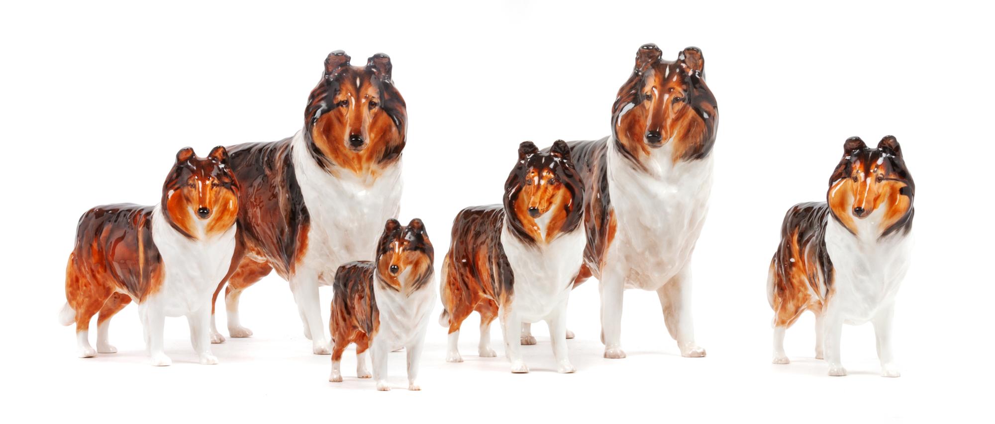 A Group of Six Royal Doulton Porcelain Collies Width of widest 10 inches.