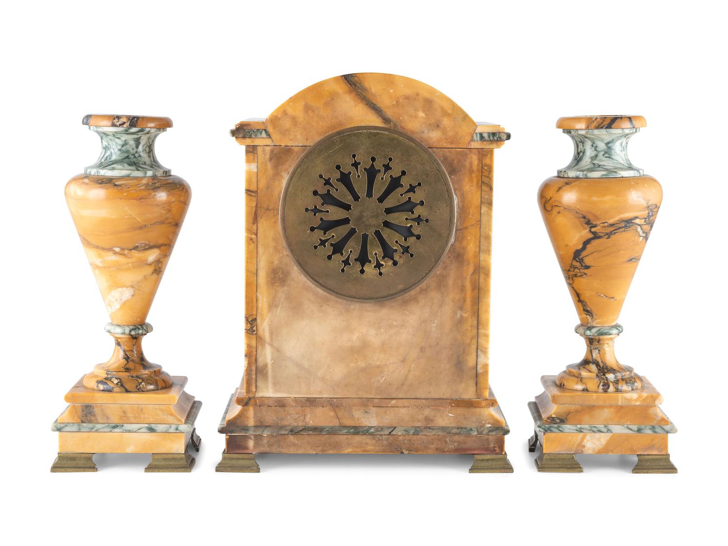 A French Marble Clock Garniture Set with Ormolu Mounts