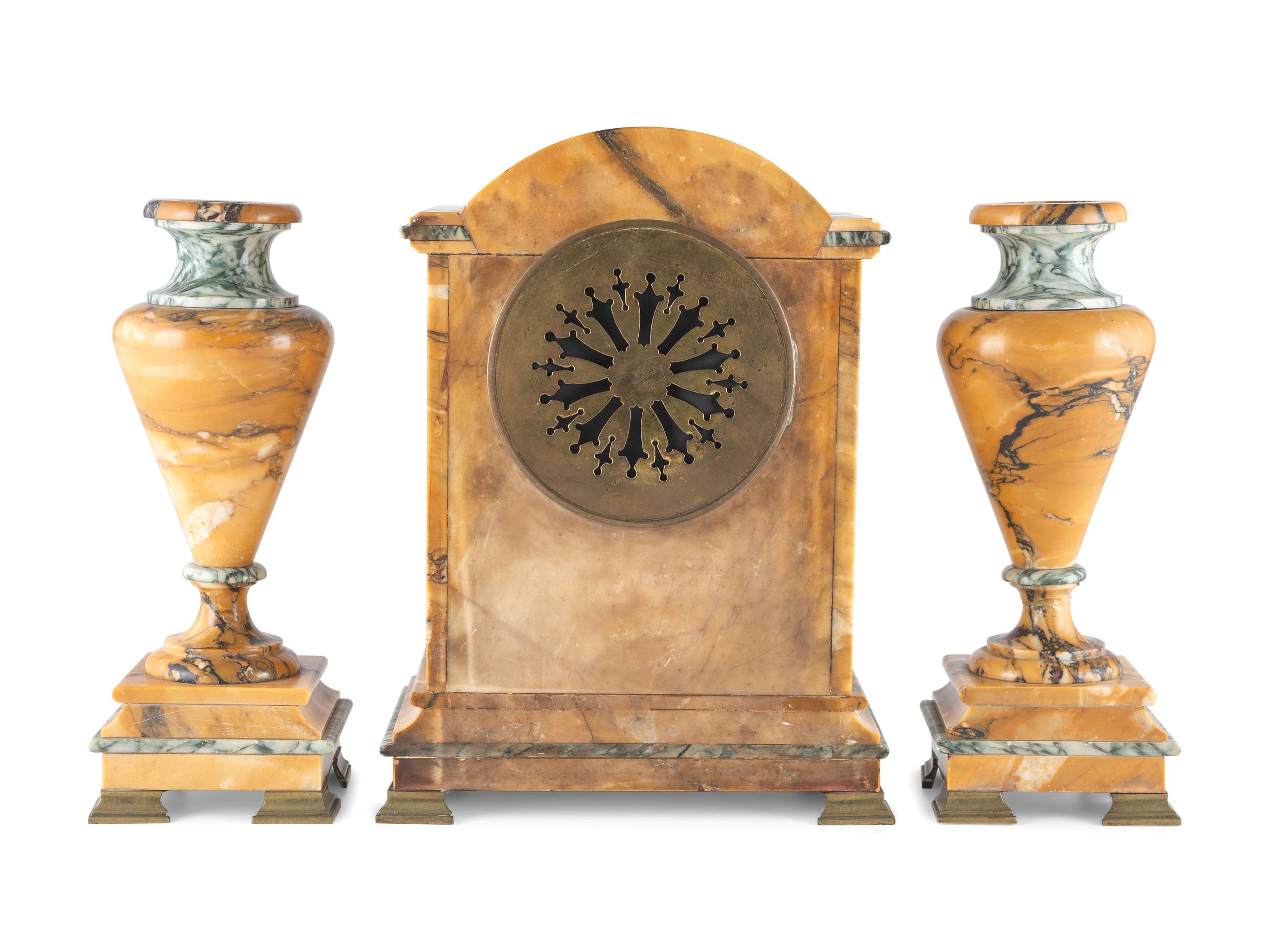 A French Marble Clock Garniture Set with Ormolu Mounts