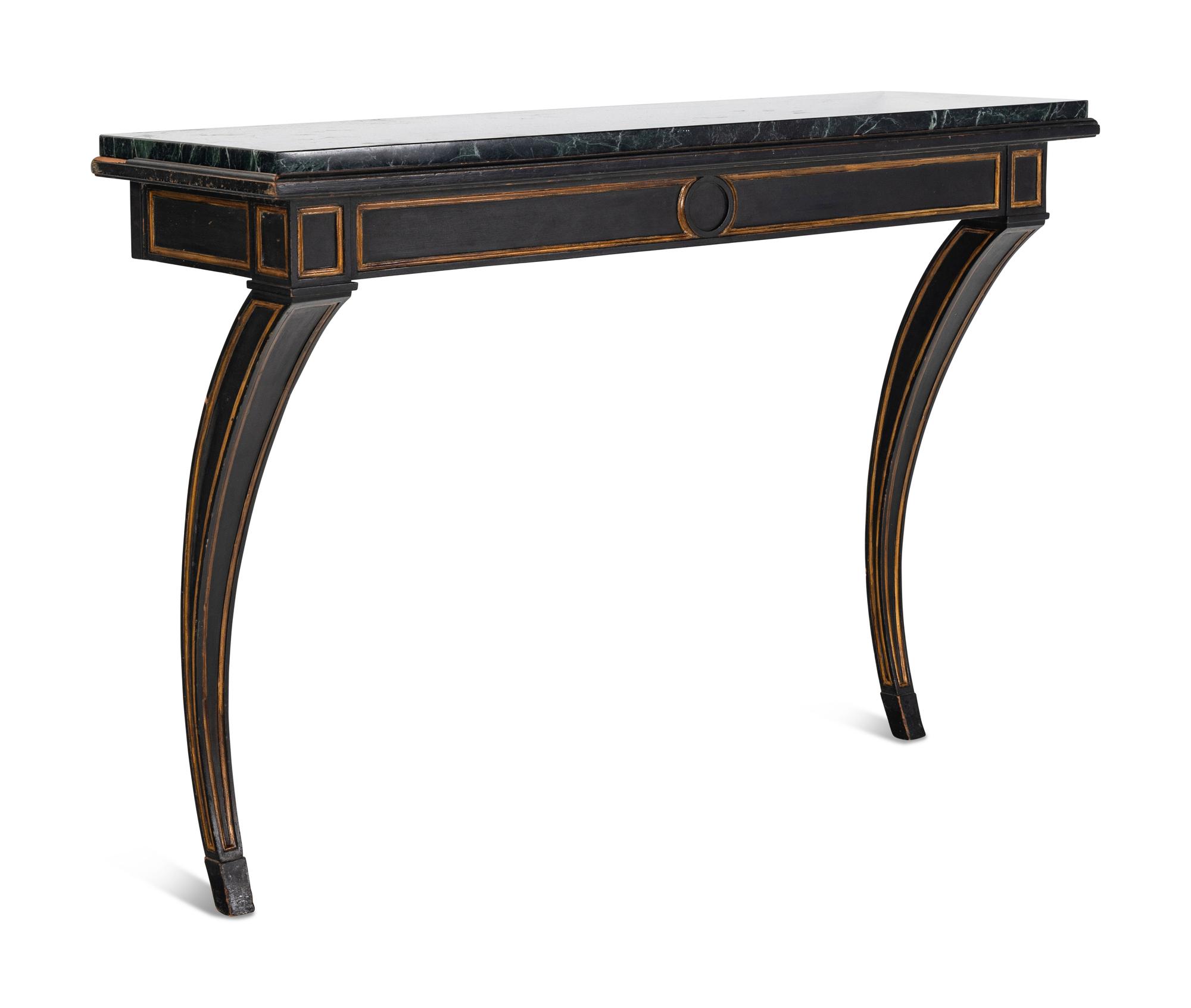 A Black-Painted and Parcel-Gilt Marble-Top Pier Table