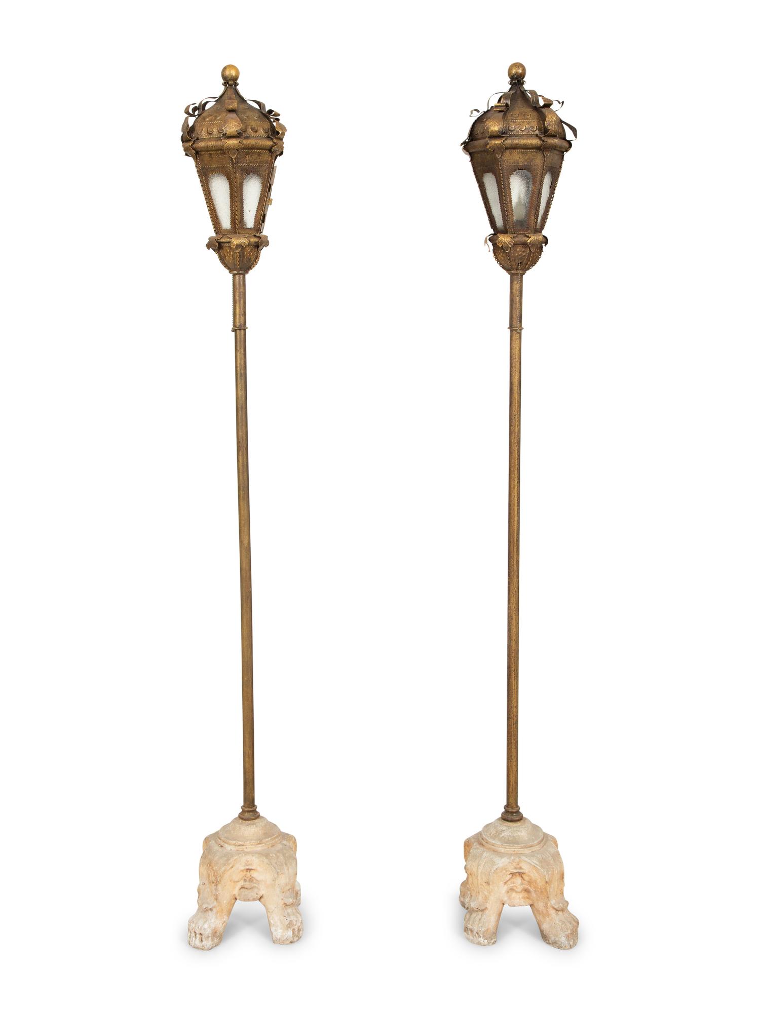 A Pair of Gondola Style Stamped Brass Floor Lamps