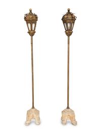 A Pair of Gondola Style Stamped Brass Floor Lamps