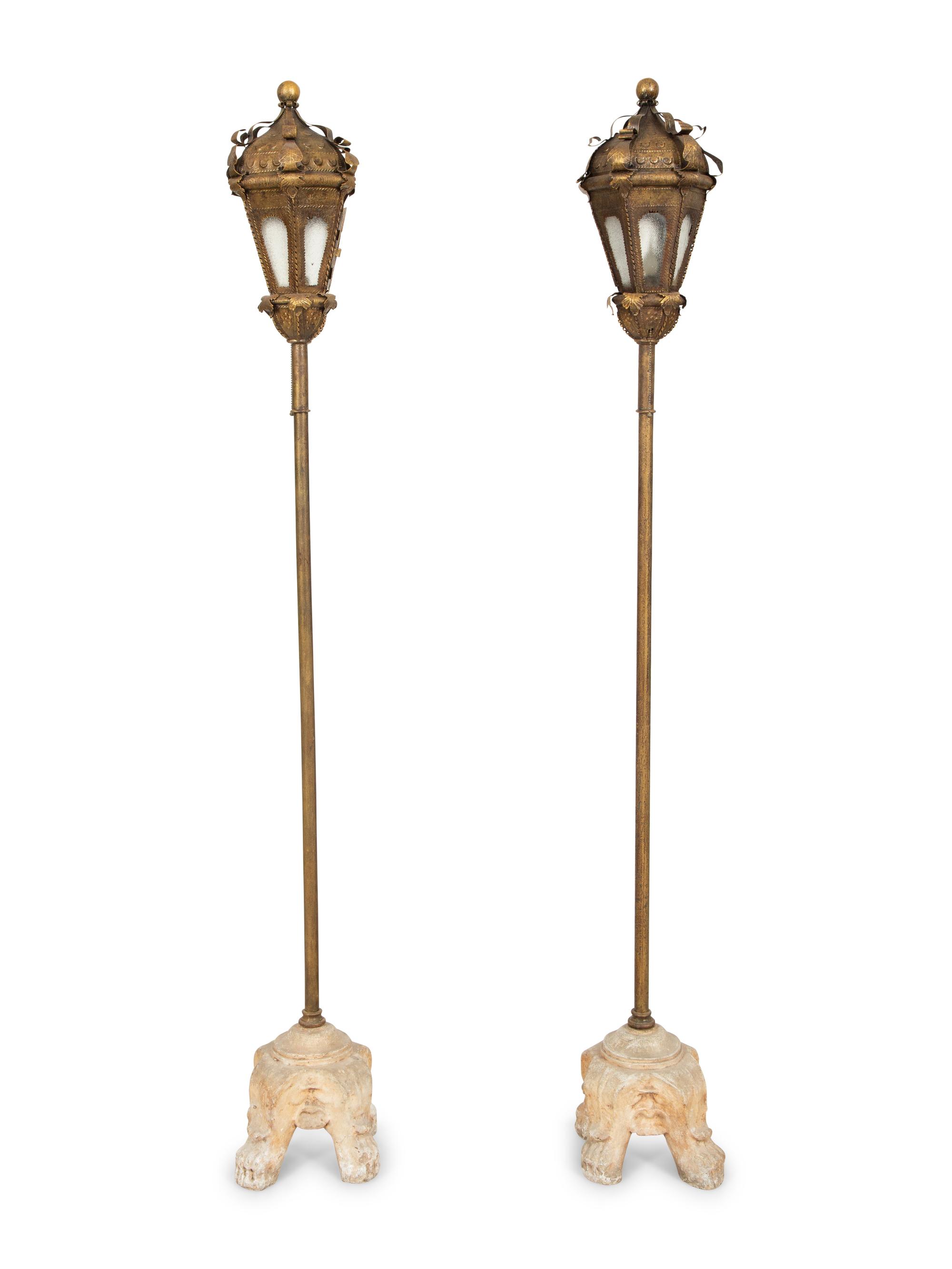 A Pair of Gondola Style Stamped Brass Floor Lamps