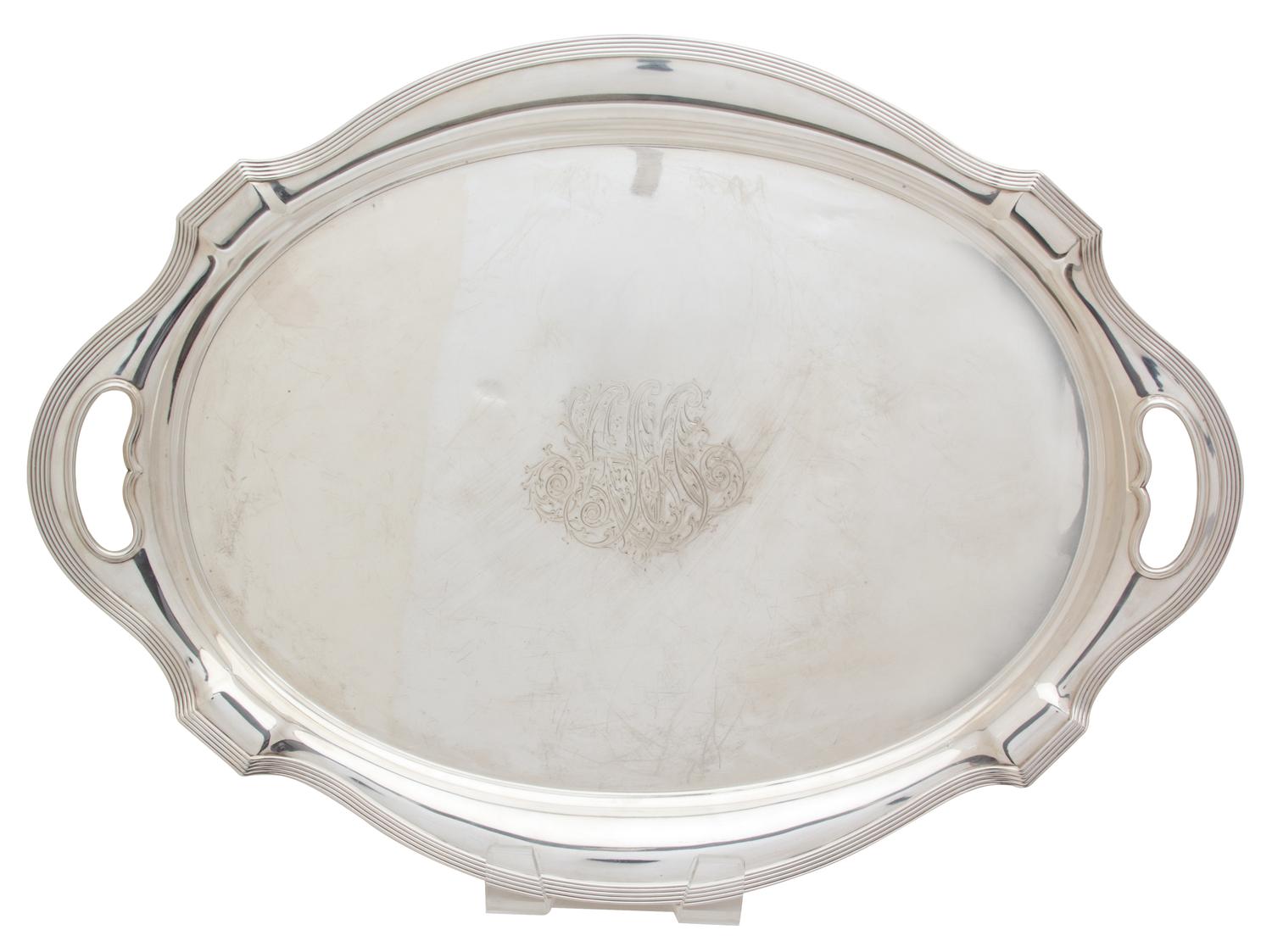 An American Silver Serving Tray, Gorham Mfg. Co., Providence, RI, having a reeded border, cut out handles and monogrammed.