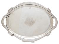 An American Silver Serving Tray, Gorham Mfg. Co., Providence, RI, having a reeded border, cut out handles and monogrammed.