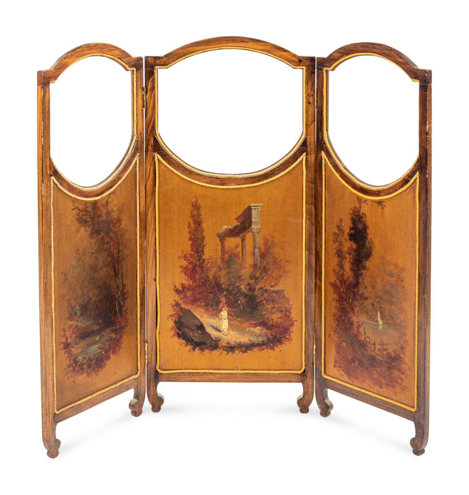 A French Painted and Glass Inset Mahogany Three-Panel Floor Screen