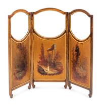 A French Painted and Glass Inset Mahogany Three-Panel Floor Screen