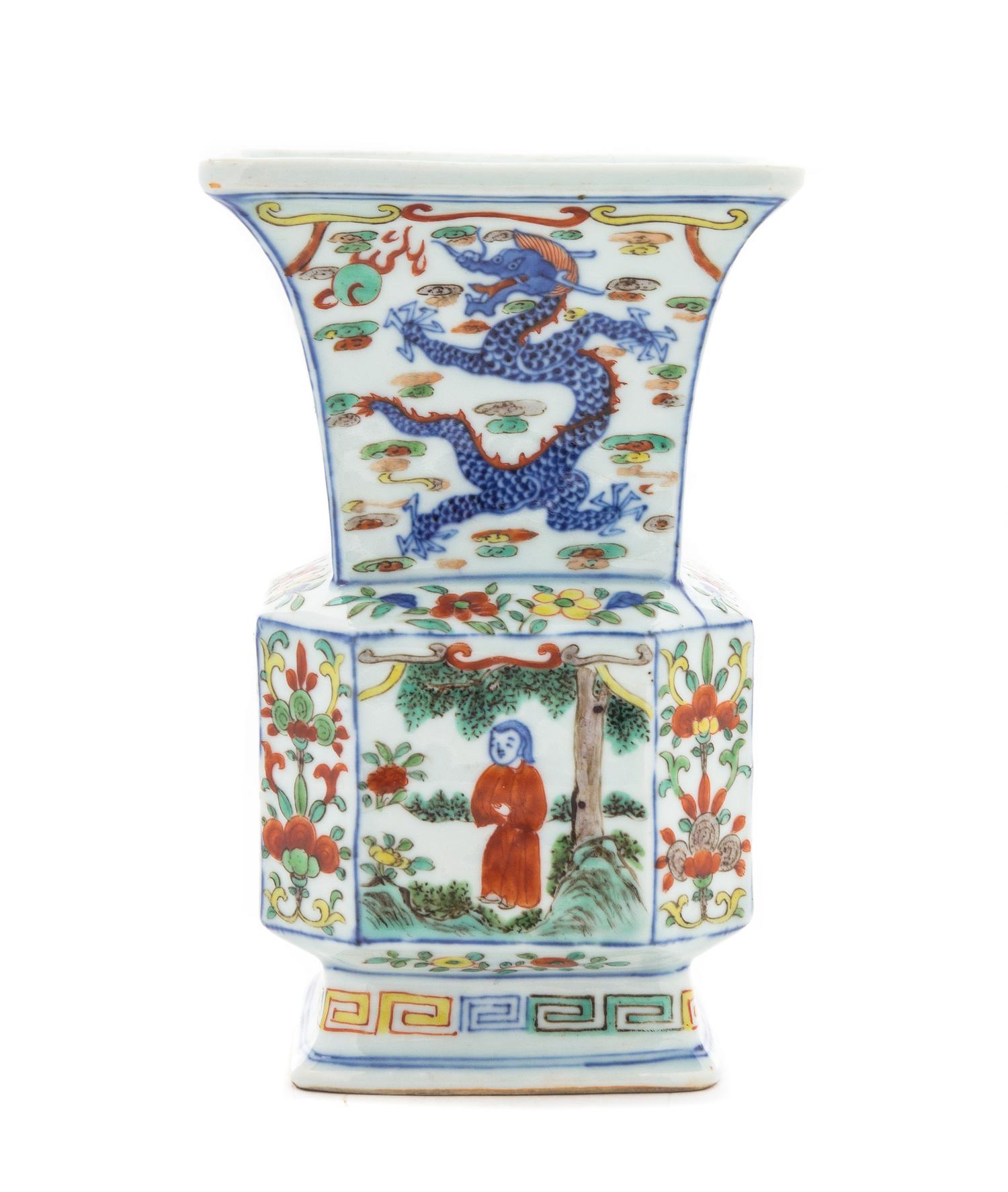 A Wucai Porcelain Faceted Gu-Form Vase LIKELY 19TH CENTURY Height 7 3/8 inches. — LIKELY 19TH CENTURY