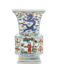 A Wucai Porcelain Faceted Gu-Form Vase LIKELY 19TH CENTURY Height 7 3/8 inches. — LIKELY 19TH CENTURY