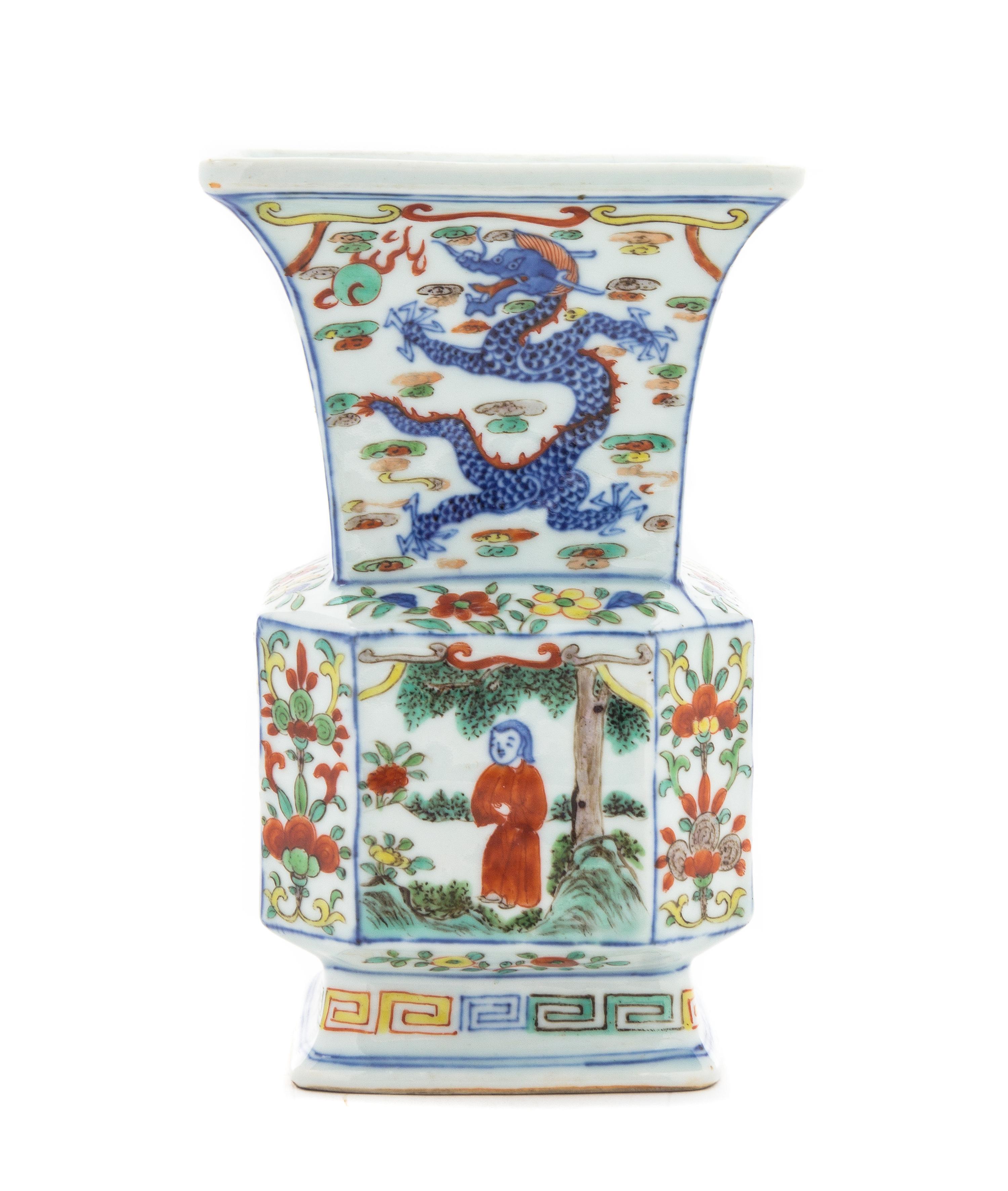 A Wucai Porcelain Faceted Gu-Form Vase LIKELY 19TH CENTURY Height 7 3/8 inches. — LIKELY 19TH CENTURY